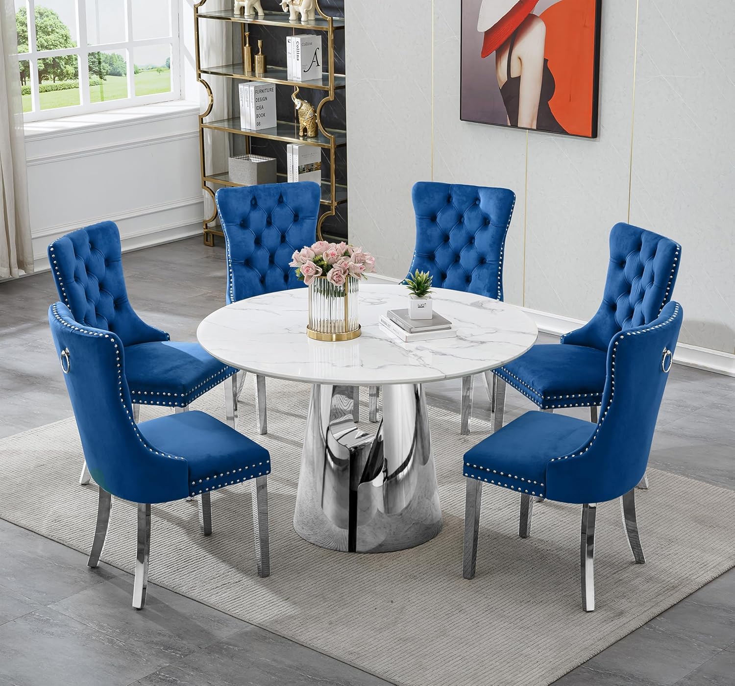 7-Piece Round Dining Table Set for 6, Modern Faux Marble Kitchen Table and Blue Velvet Chairs Set of 6, Luxury 45" Circle White Silver Dining Room Tables with Stainless Steel Base