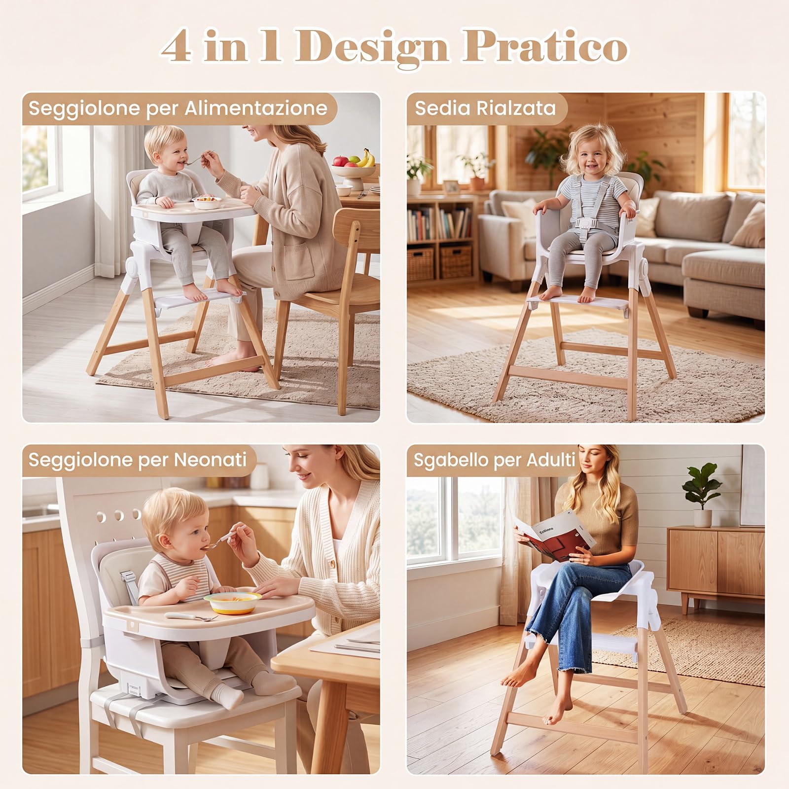 COSTWAY Seggiolone Pappa Pieghevole 4 in 1 con Cuscino di Seduta (Beige) | Seggiolone per Neonati 6-36 Mesi con Vassoi Rimovibili, Portabicchieri, Cintura di Sicurezza e Gambe in Legno