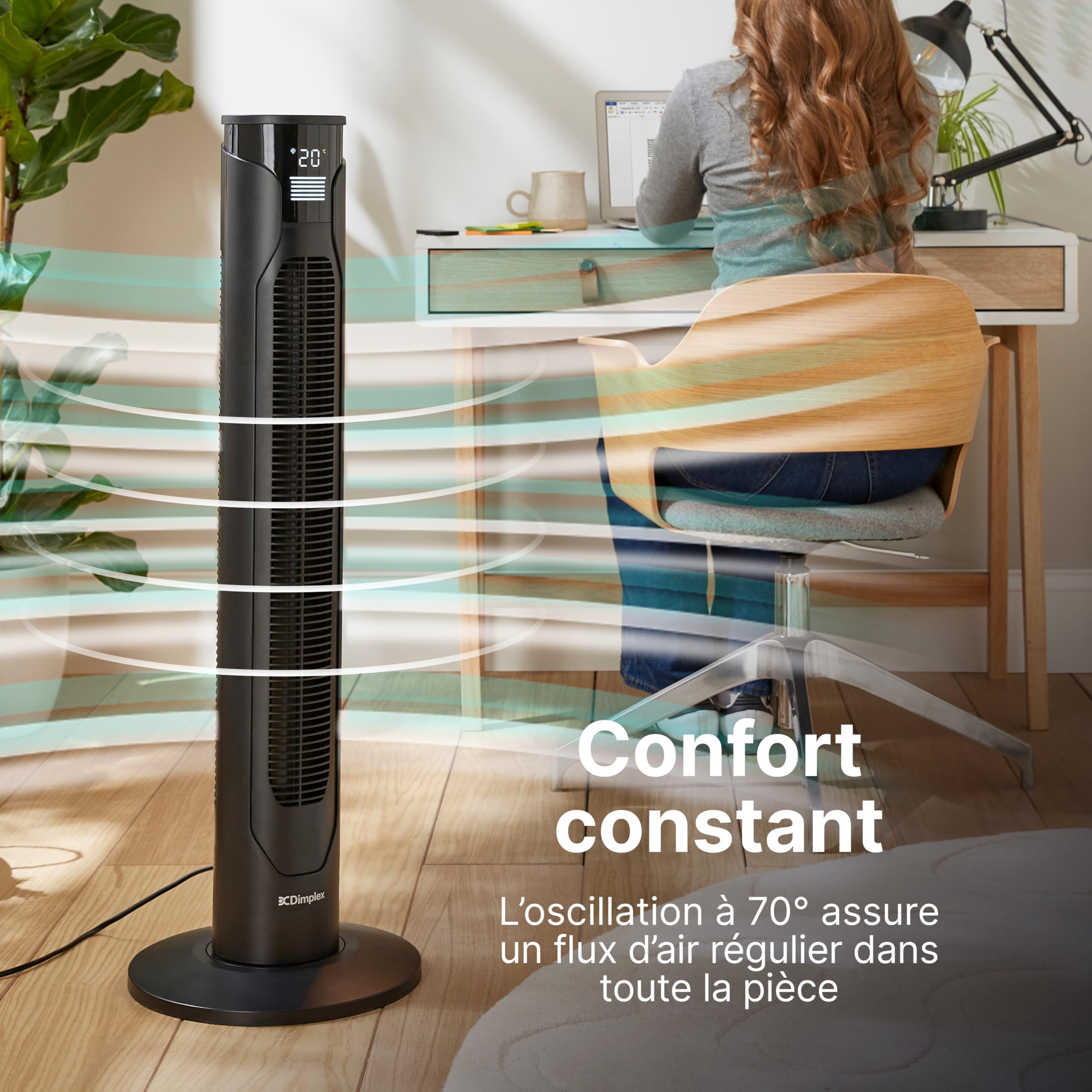 DIMPLEX Ventilateur Colonne Oscillant 70°, 3 Vitesses, Minuterie 12h, Écran LED, 4 Modes, Télécommande, Anthracite