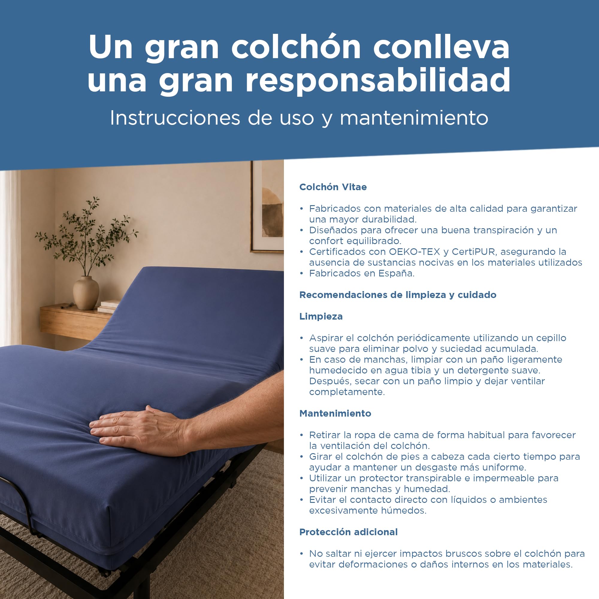 Colchón para Cama Articulada 90x190 | Espuma HR + Viscoelástico 5cm | Funda Impermeable, Lavable e Ignífuga | Colchón Sanitario, Hospitales, Gertiátrico | Fabricado en España | Vitae 90 x 190 (90x190)