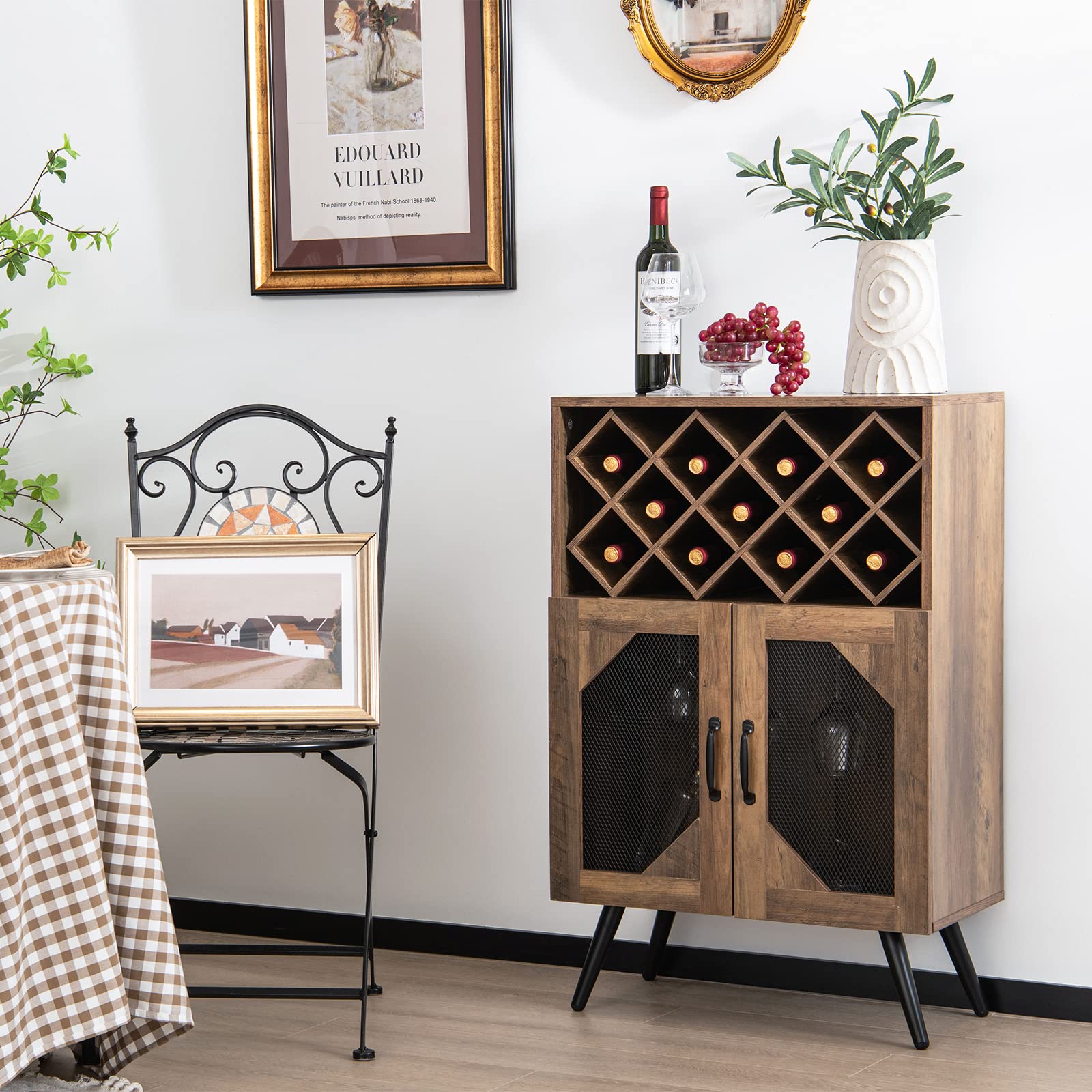 COSTWAY Küchenschrank, Weinschrank mit abnehmbarem Weinregal und integrierten Glashaltern, Buffetschrank Holz für 11 Weinflaschen & 9 Weingläser, Sideboard 59,5 x 33,5 x 93,5 cm, Vintage