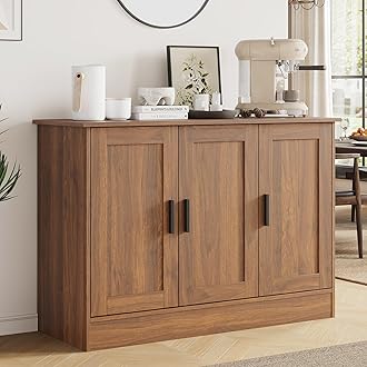 Anystyle 43.3”W Brown 3 Door Buffet Cabinet, Coffee Bar with Adjustable Shelf, Kitchen Sideboard for Living Room, Kitchen