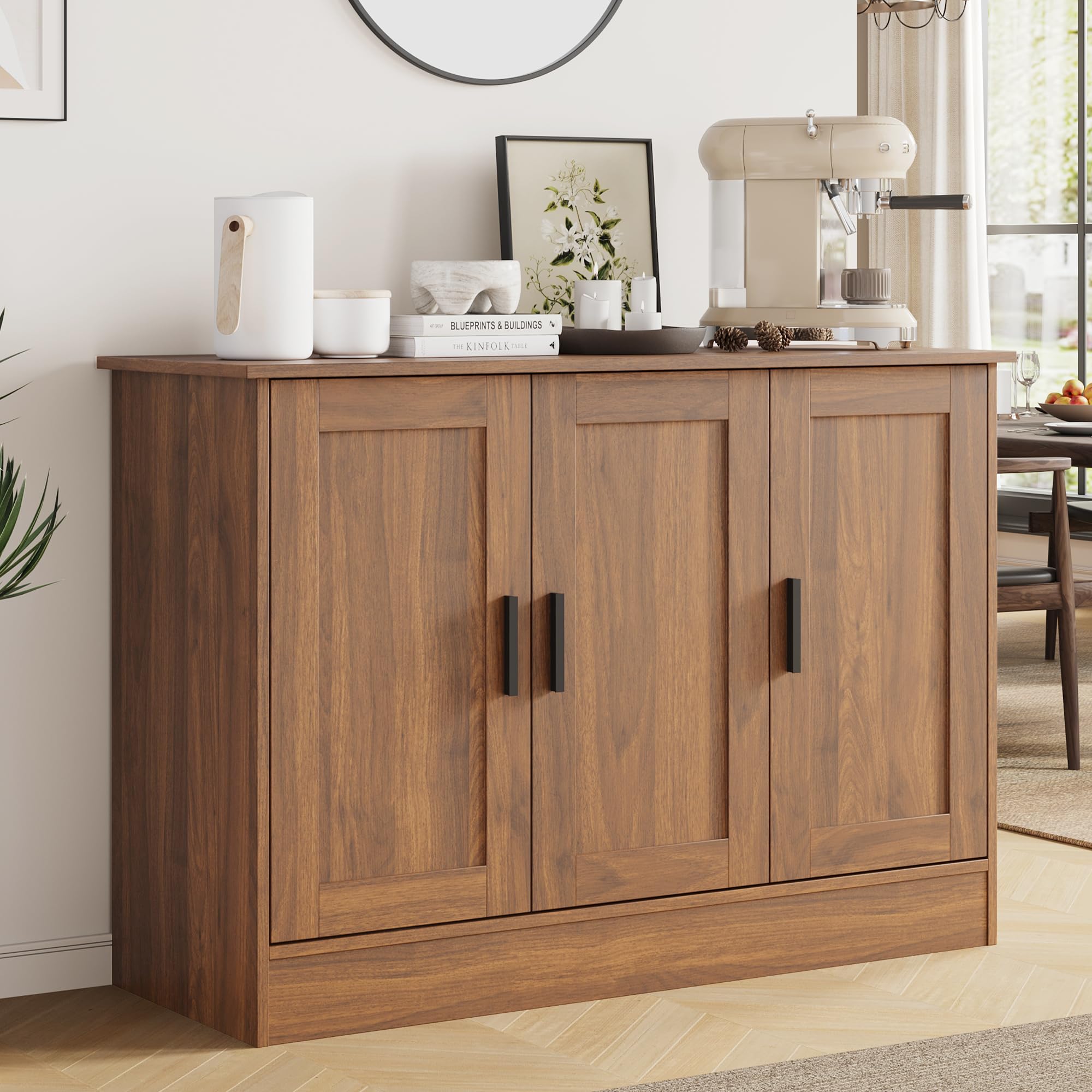 Anystyle 43.3”W Brown 3 Door Buffet Cabinet, Coffee Bar with Adjustable Shelf, Kitchen Sideboard for Living Room, Kitchen