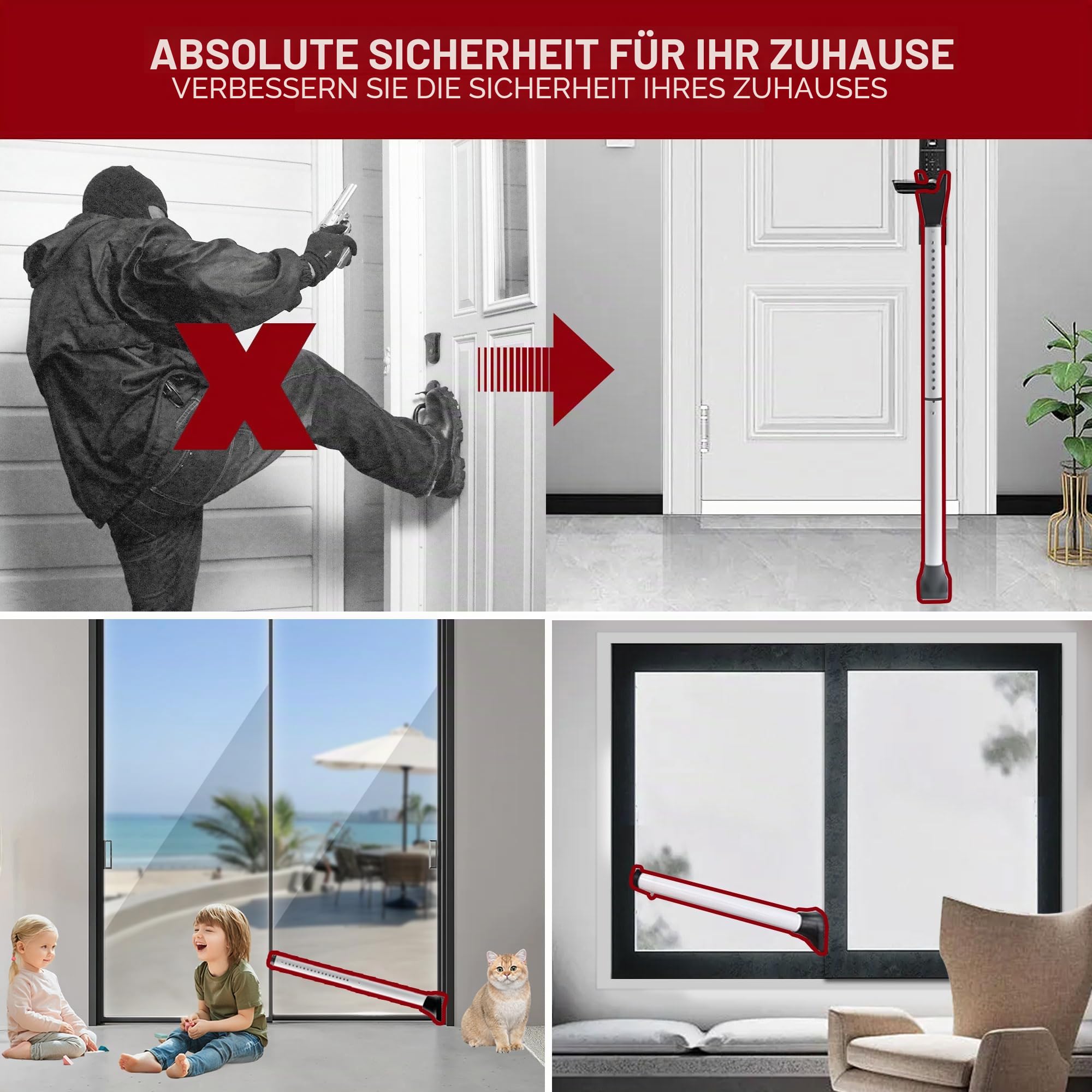 Tür Sicherheitsstange, Weiß 1-Pack Erweiterter Sicherheitsstange für Türen, Heavy Duty Türsicherung, Einstellbarer Balkontür Sicherung, Einbruchschutz Fenster, Tür Sicherheit für Zuhause, Wohnung