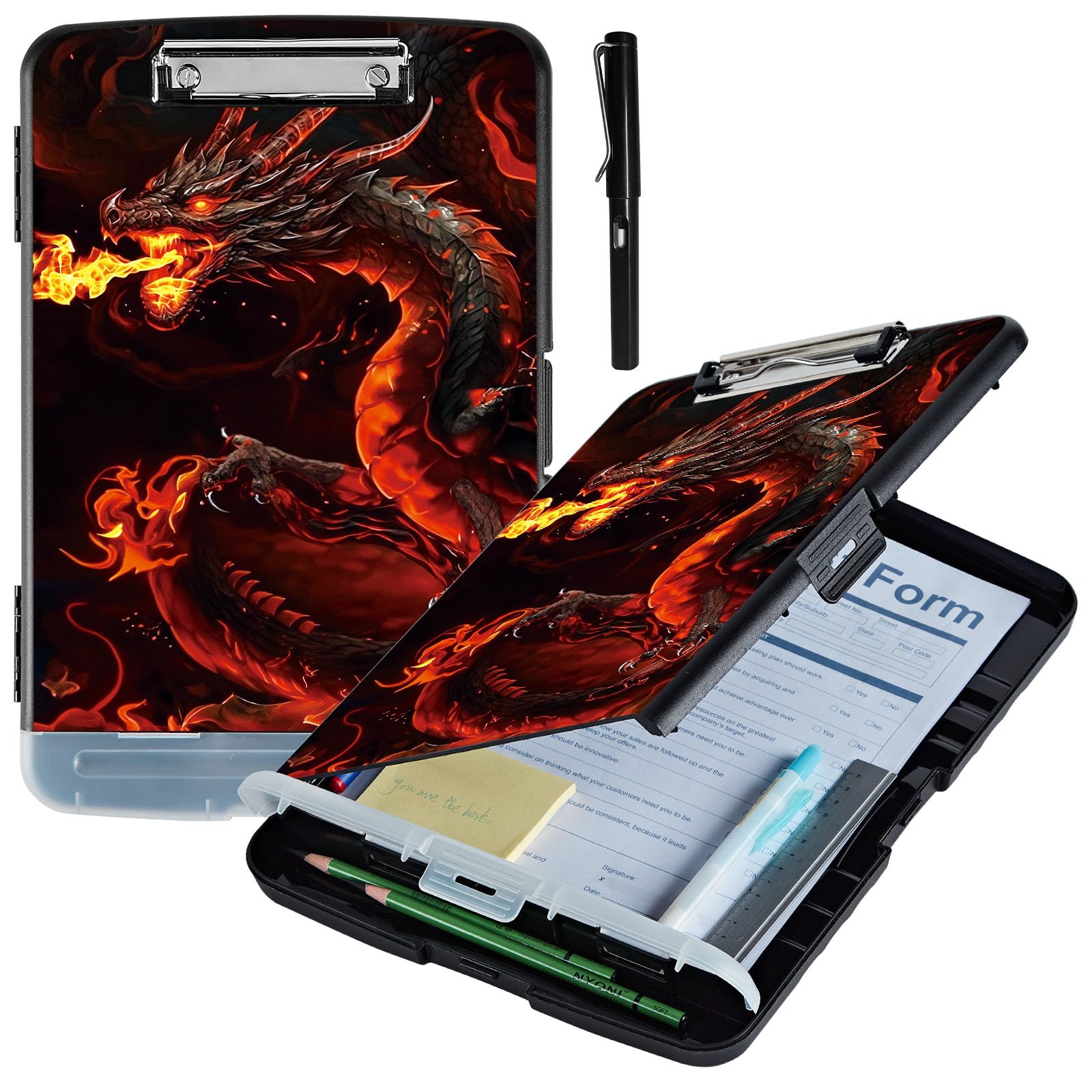 ACWDMKH Clipboard with Storage,Plastic Storage Clipboard with Low Profile Clip,Heavy Duty High Capacity Clip Boards with Pen Holder & Pencil,Teacher Must Haves,Office Supplies,Fire Red Dragon — image 1