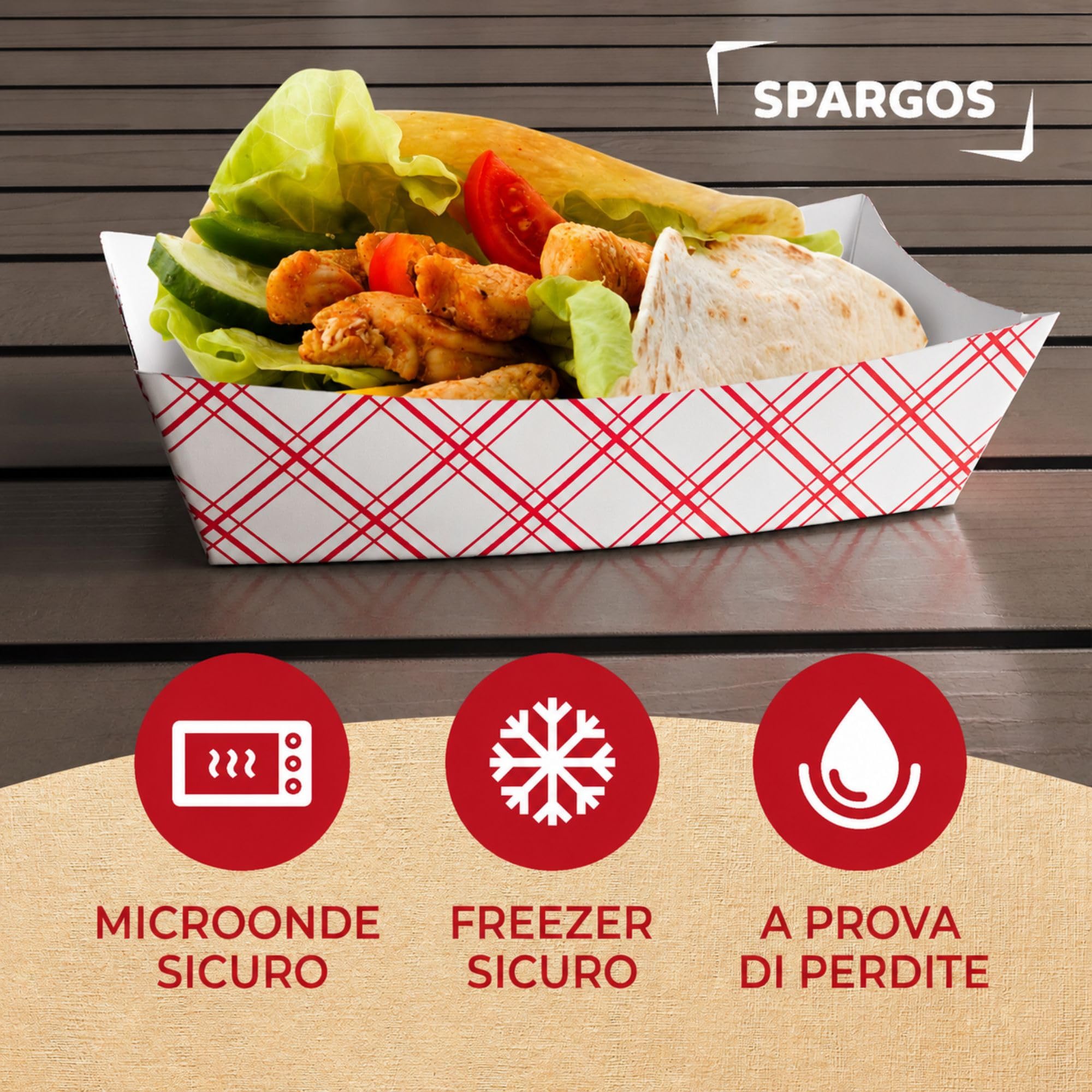 SPARGOS Food Boats Vassoi per alimenti 250 pezzi 1,4 kg carta rossa e bianca a prova di perdite congelatore usa e getta