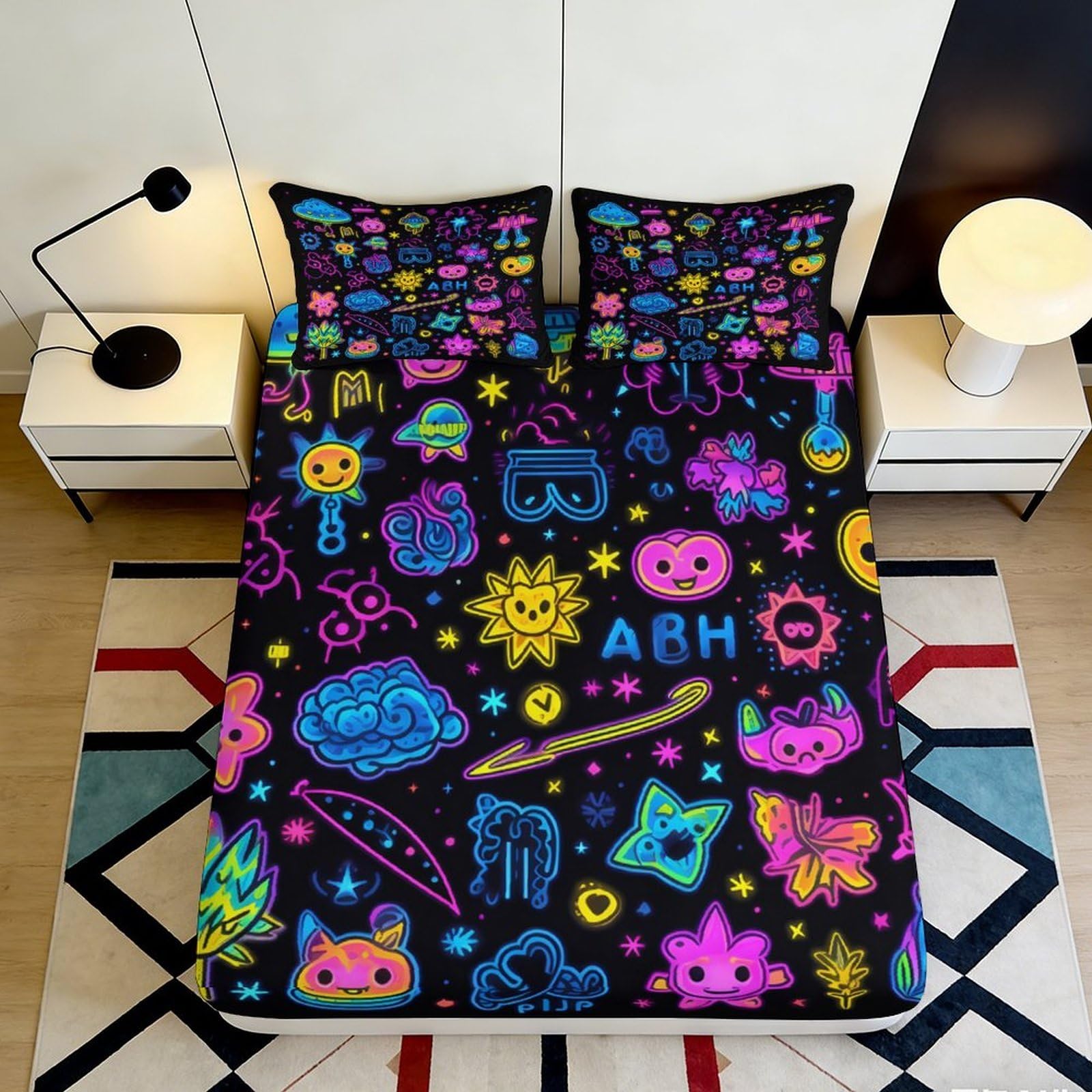 3D Printed Neon Cartoon Fitted Sheet Microfiber Soft Multicolor Graffiti Mattress Cover for Bedroom Dorm Room Decor 140x200x25cm