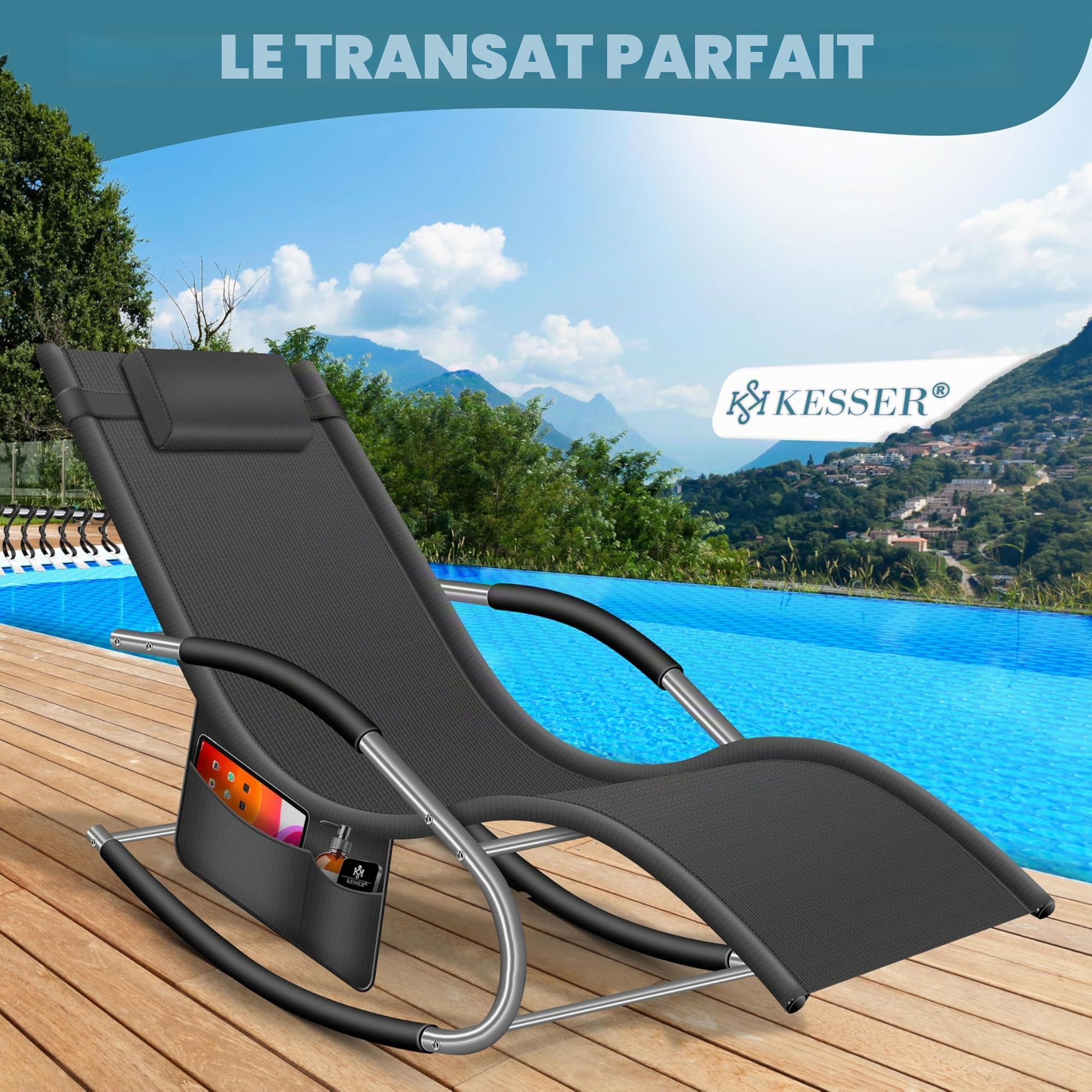 KESSER Chaise de jardin à bascule - Ergonomique - Coussin - Résistant aux intempéries - Charge maximale : 150 kg - Anthracite