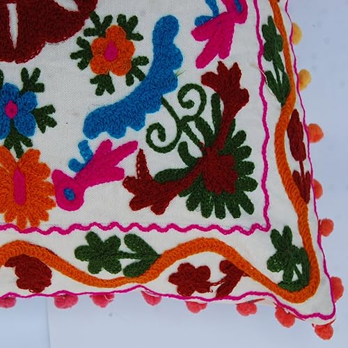 Miniatura 2 de Traditional Jaipur Suzani - Funda de cojín bordada de 16 x 16 pulgadas, funda de almohada decorativa, cojines indios con pompones para exteriores,