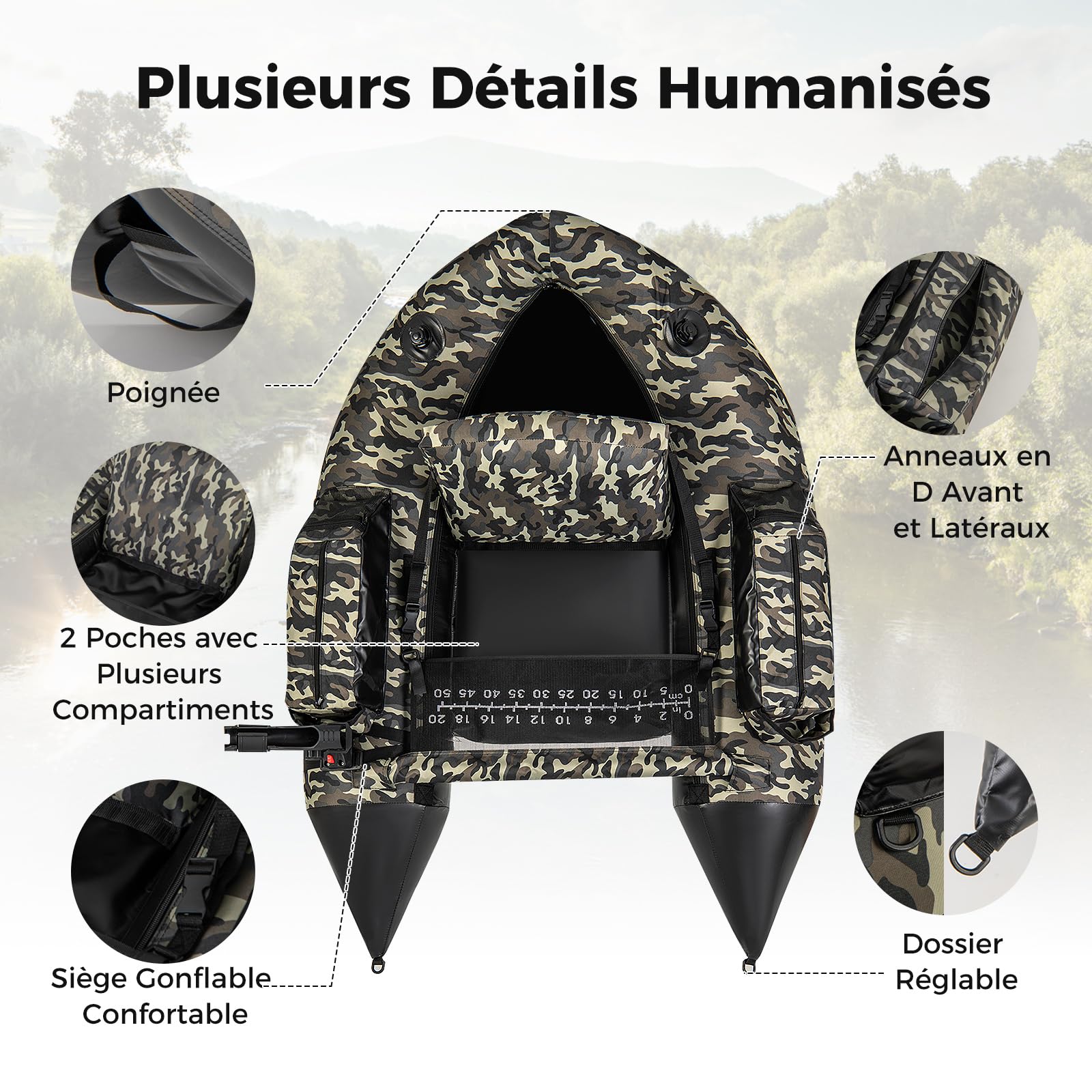 COSTWAY Bateau de Pêche Gonflable avec Dossier Pagaie, Bateau Gonflable avec Règle à Poisson Support de Canne Poches de Rangement Palmes Pompe Sangles de Sac à Dos Charge 150 KG, Camouflage