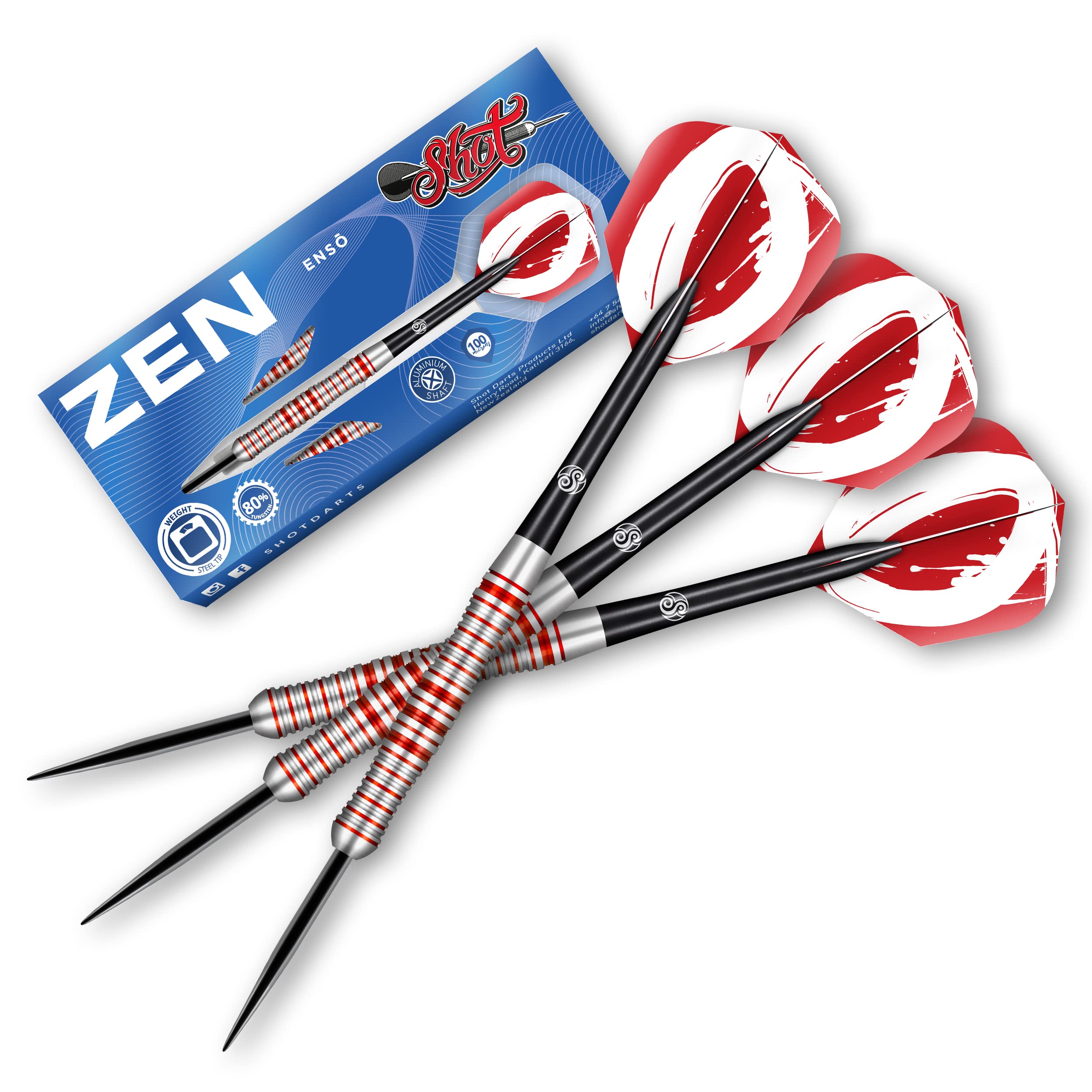 Shot! Zen Enso Steel Tip Dart Set 80% Tungsten Pro Throwing Darts Steel Tip Set Professional, Made in New Zealand