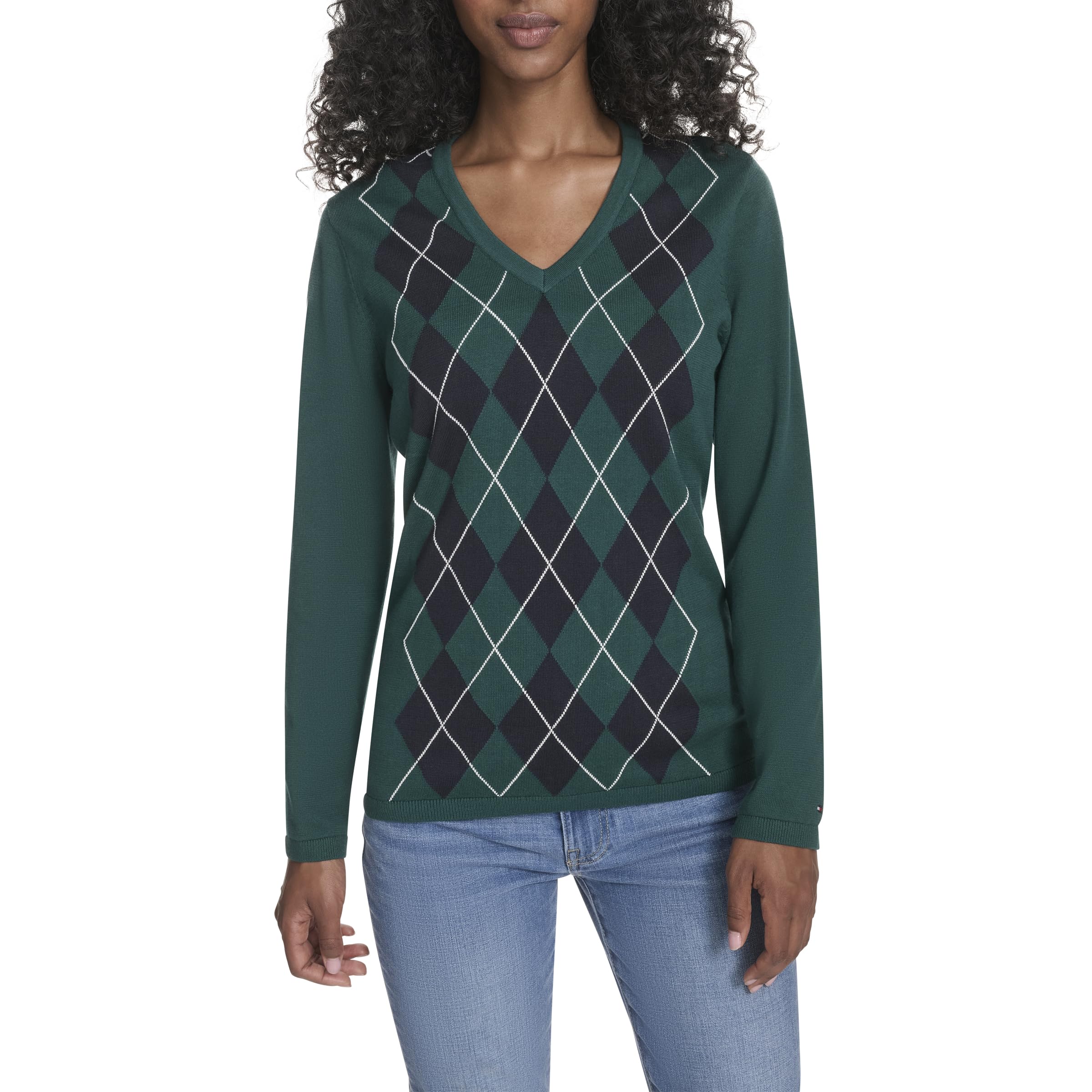 Tommy Hilfiger Womens Long Sleeve Cotton Argyle V-Neck Sweater