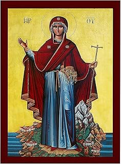 Virgin Mary icon Panagia Athonitissa, Handmade Greek Orthodox Icon of Theotokos Protector of Mt Athos Byzantine art wall hanging plaque