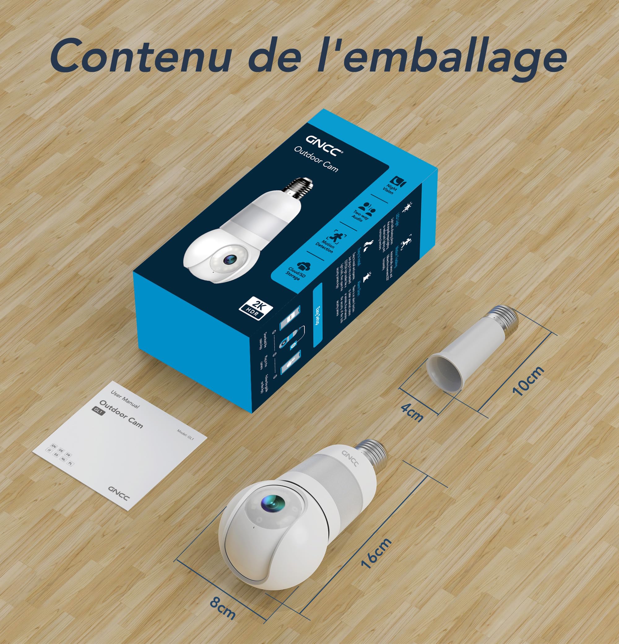 GNCC 2 PCS Ampoule Camera Surveillance WiFi, Douille E27 Uniquement, 355° PTZ Camera Intérieure/Extérieure sans Fil, 2K Vision Nocturne Couleur, AI Détection, 24/7, Abonnement Cloud/SD, 2,4GHz WiFi