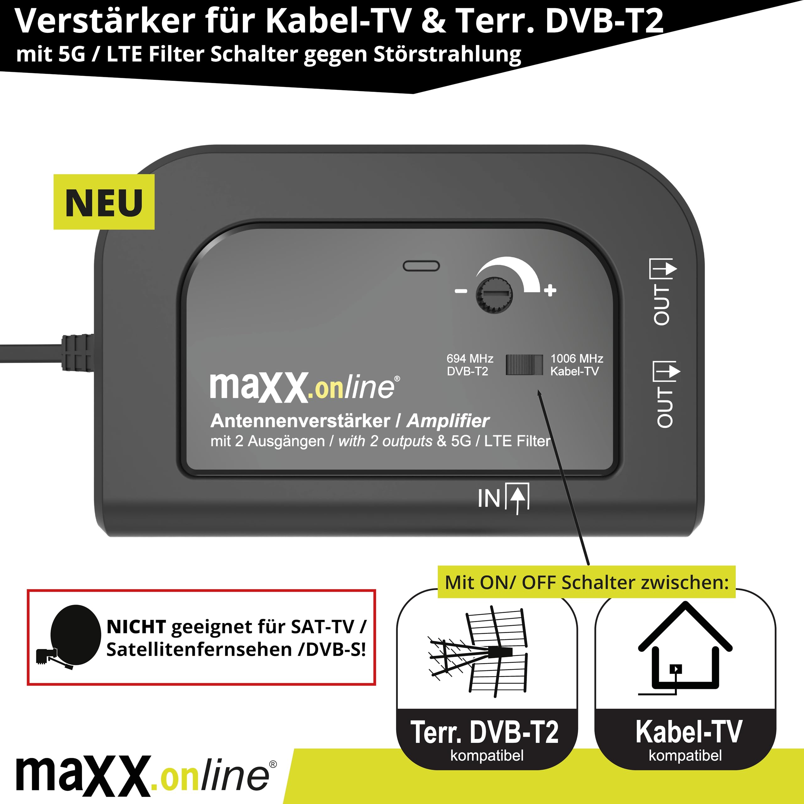 Amplificador de Antena con 2 Salidas, Amplificación de 20 dB, Filtro 5G/LTE para DVB-T2, Televisión por Cable, Amplificador de Vivienda, Modelo VST 9342v3