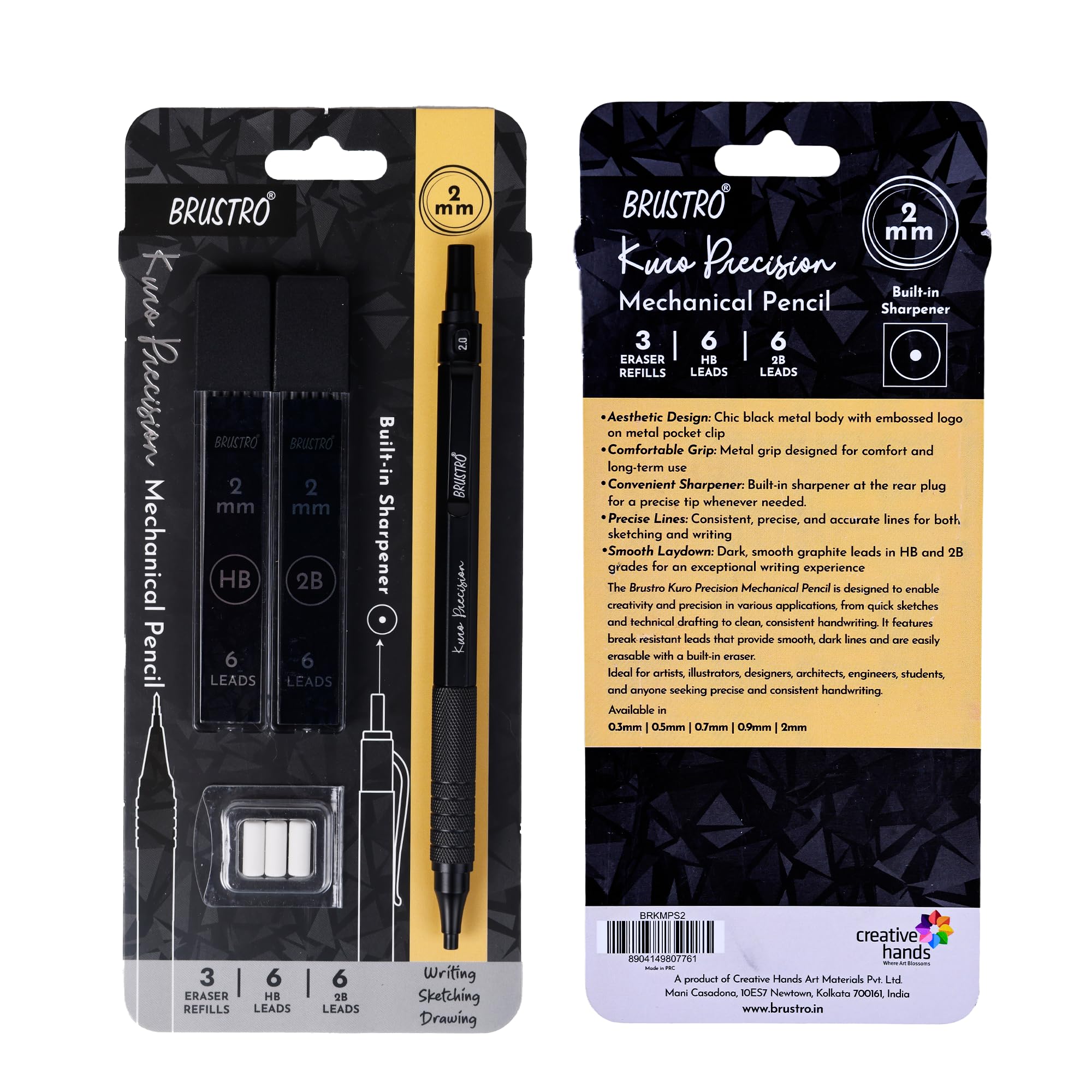 BRUSTRO Kuro Precision Mechanical Pencil |Tip Size- 2mm With 6- HB and 6-2B Leads, Built-in-Sharpener, 3 Eraser Refill|Ideal For Writing, Sketching, Drawing, Mandala Arts and Fine Art Students 1