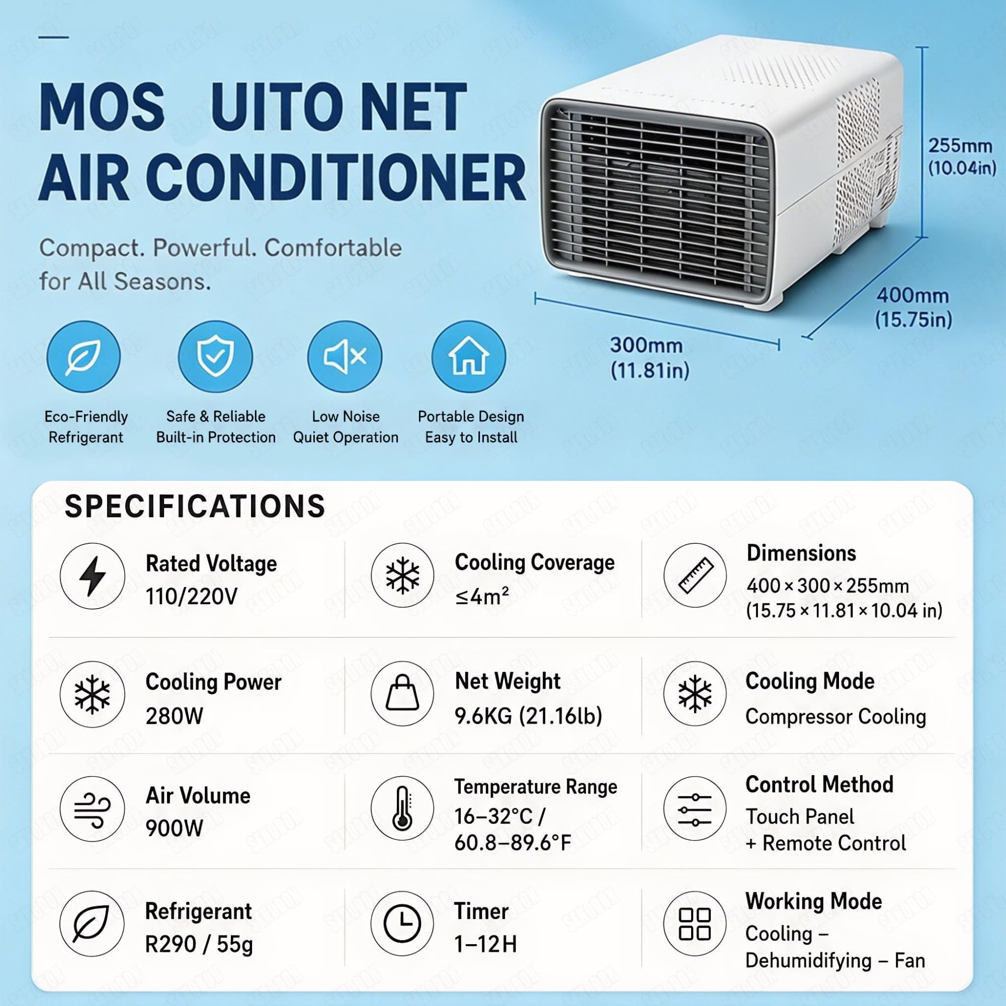 Mini Aire Acondicionado Portátil para Caravana, Autocaravana y Furgoneta, Enfriamiento Rápido 2700 BTU, Aire Acondicionado de Viaje Ligero y Listo para Usar, Ahorro de Energía 280W
