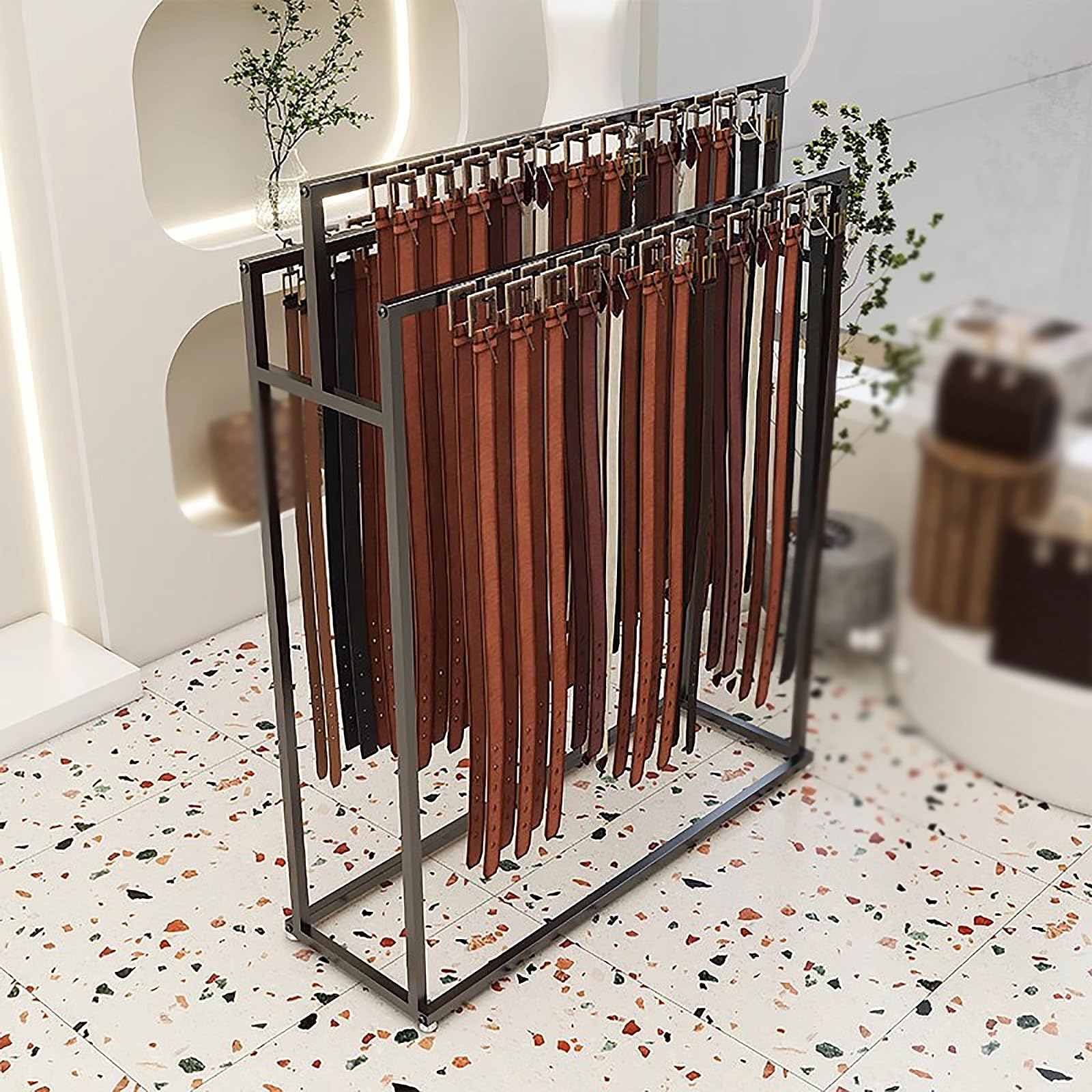 Kommerzieller bodenstehender Ständer für Gürtel und Schals, Metall-Krawattenhalter für Bekleidungsgeschäfte, Geldbörsen, Organizer, stilvolle Schals, Aufhänger (schwarz, 120 x 40 x 150 cm)