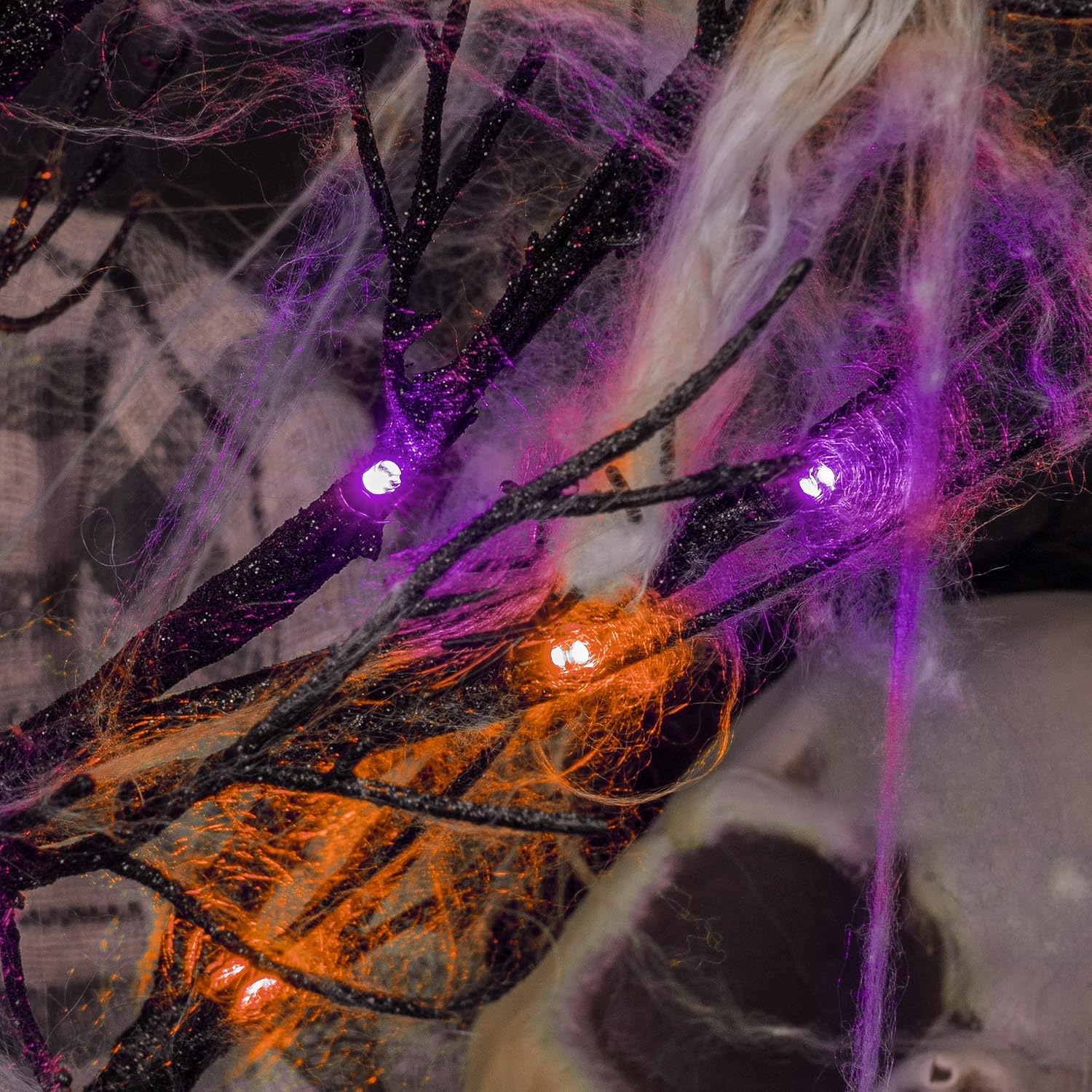 FUNPENY Lighted Black Birch Spooky Tree, 2FT Halloween Battery Operated Tree Lights with Spider Web and Spider, Indoor Table Desktop Holiday Decorations (Purple & Orange)