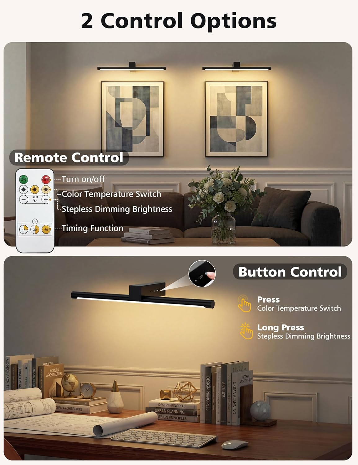 VOLISUN 15.7'' Picture Lights for Wall, 4000mAh Rechargable Picture Light Battery Operated, 3 Color Temperatures & Stepless Dimmable, 145LM Art Light for Paintings, Gallery, Portrait, 1 Pack (Black)