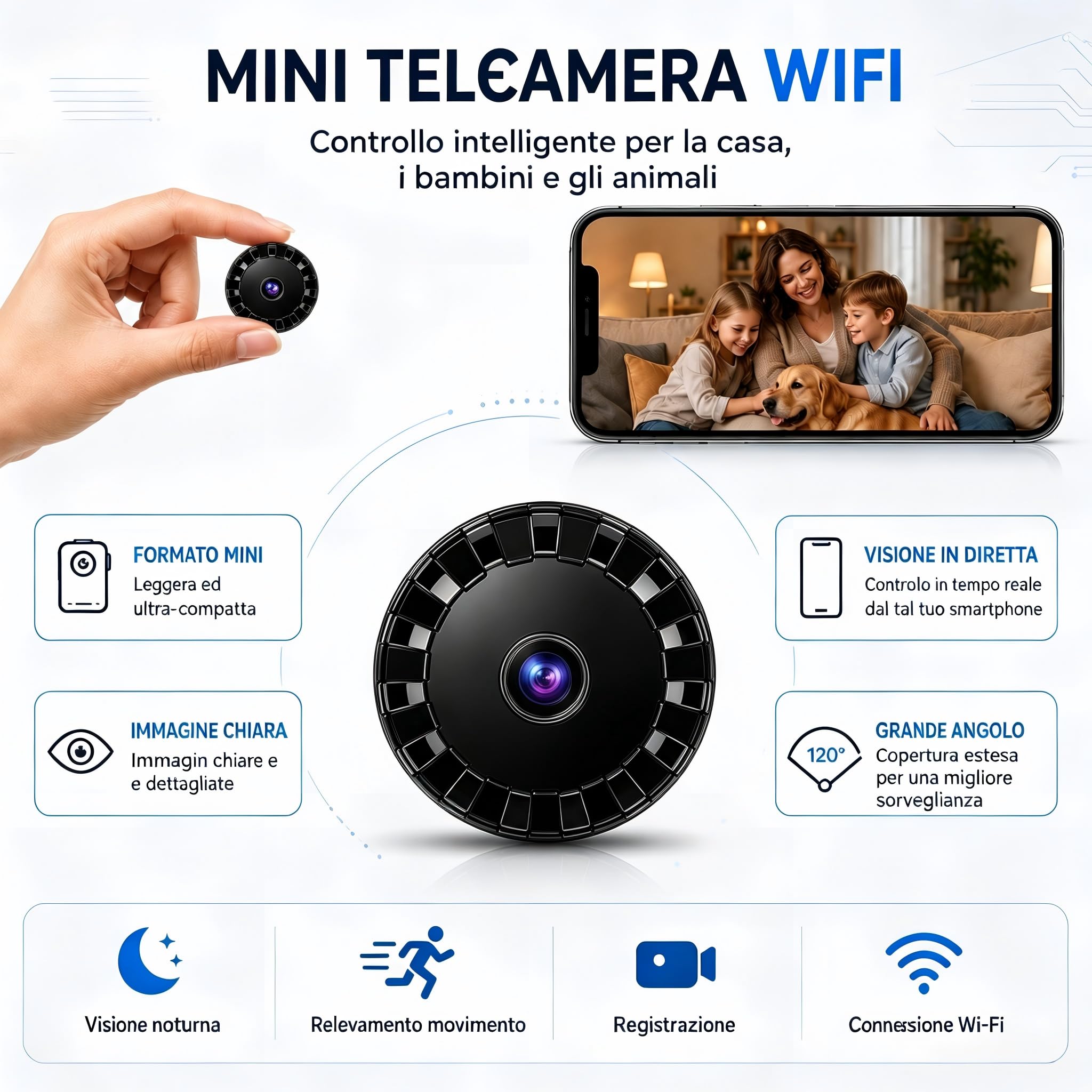 2026 Mini Telecamera Spia WiFi Interno/Esterno, 1080PVideocamera Sorveglianza, Visione Notturna, Rilevamento di Movimento, Controllo Remoto Con App per Casa/Bambini Crystal Green L/X I