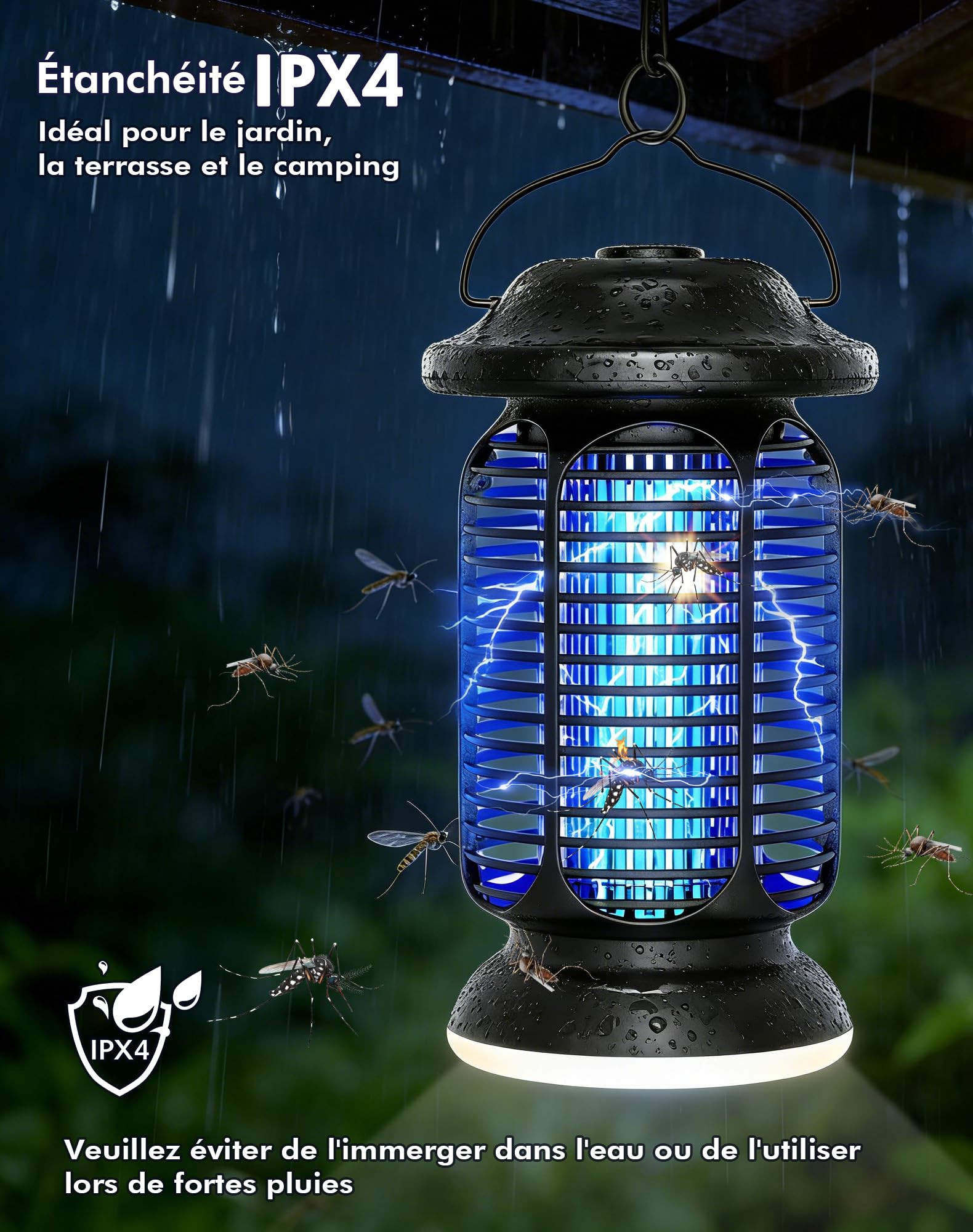 Lampe Anti Moustique 4000V Tue Mouche Électrique 20W UV IPX4 Étanche Piège à Insectes Extérieur Intérieur