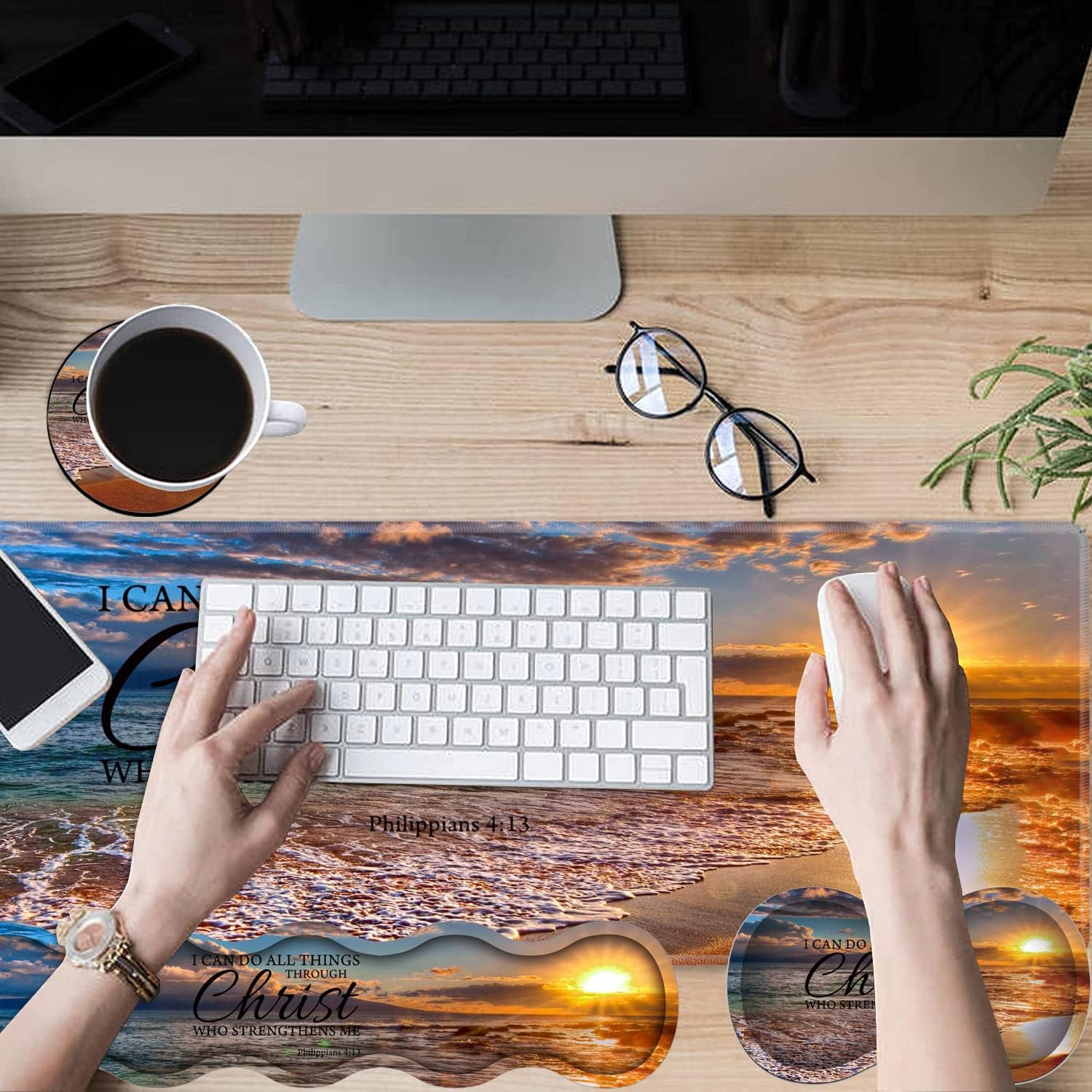Gaming Mouse Pad Set, Large Gaming Mouse Pad+Keyboard Wrist Rest+Mouse Wrist Rest+Coaster, Easy Typing Pain Relief, 31.5 × 11.8 inch Desk Mat for Home Office, Beach Quoting Philippians 4-13