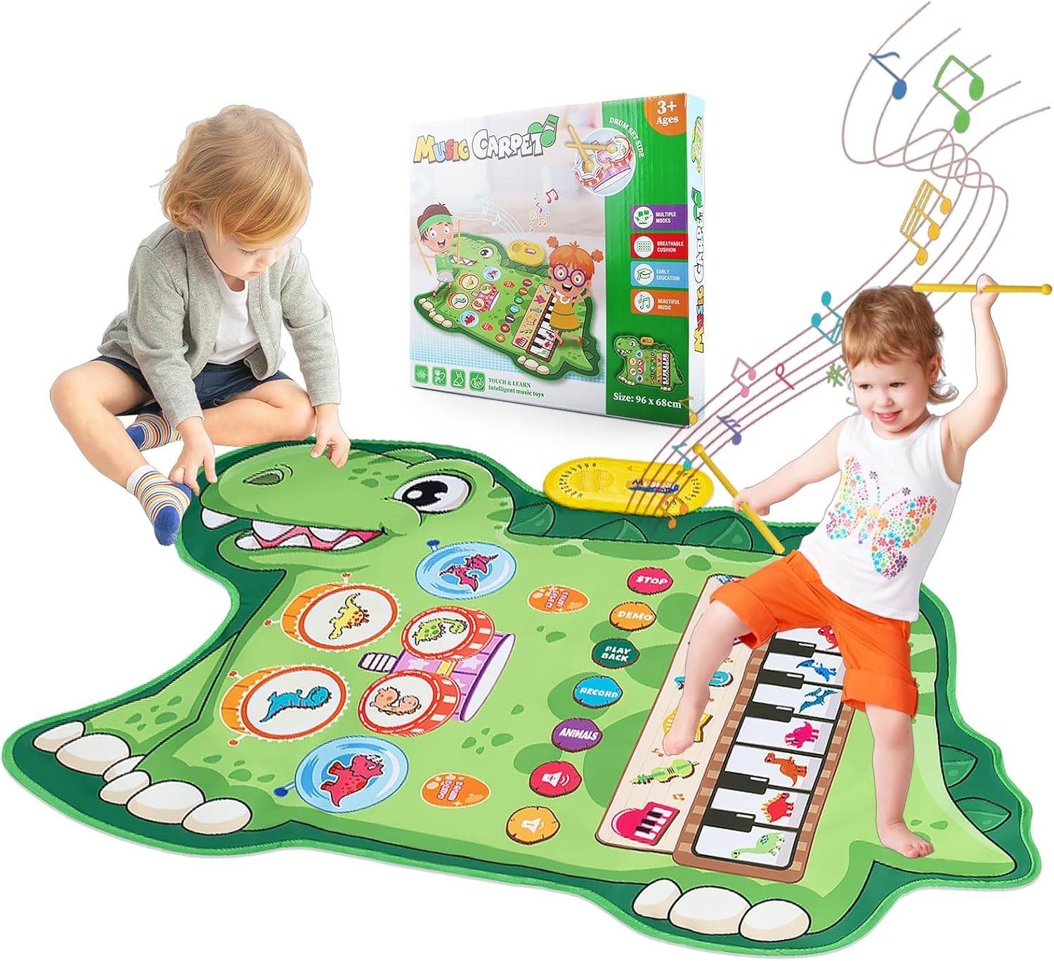 Baby 3-in-1 Dinosaur Musical Play Mat, Piano Keyboard Mat with Drum Set & Animal Sounds, Interactive Educational Playmat Birthday for Boys Girls Ages 1 2 3 4 5