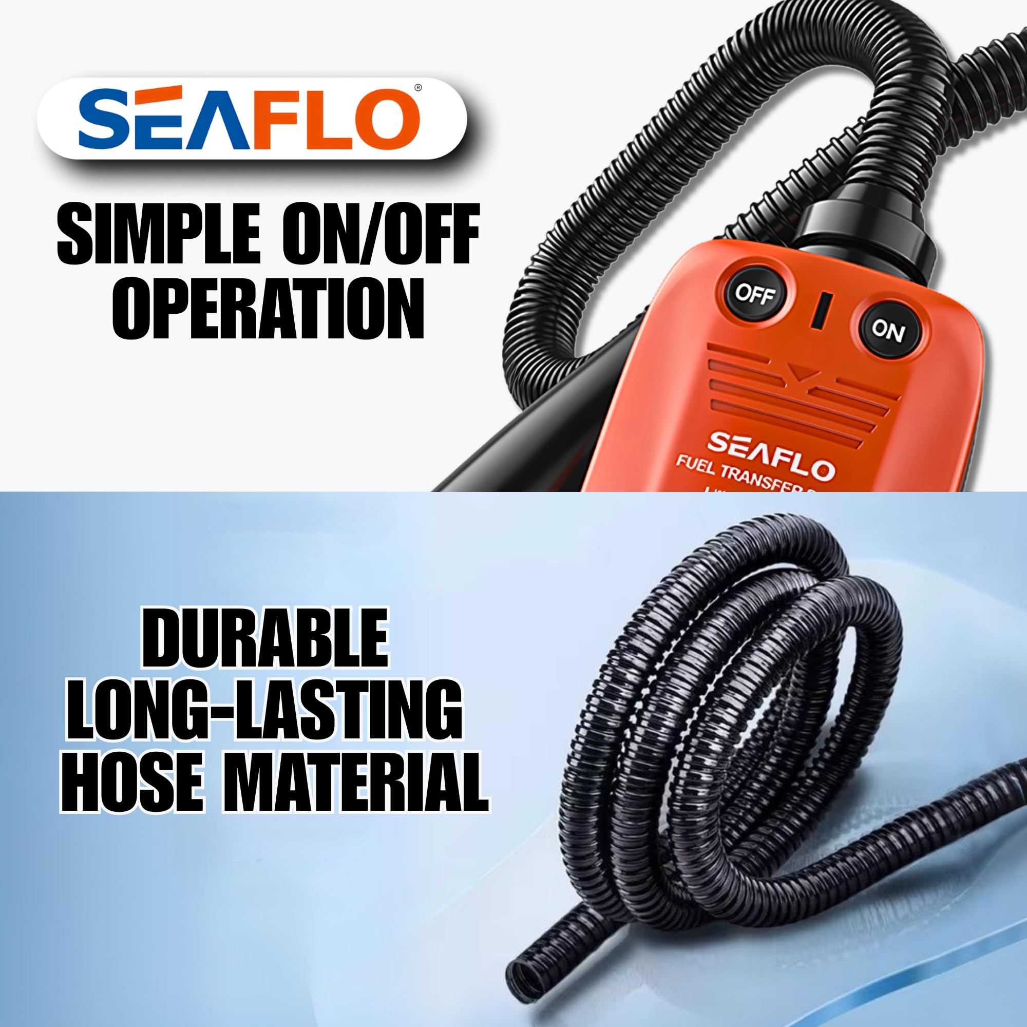 SEAFLO Pompe de transfert de pompe à carburant électrique automatique rechargeable (débit 2,3 GPM - 3,1 GPM) avec tuyau d'aspiration longueur (465 mm) et tuyau d'évacuation flexible Longueur : 1050 mm