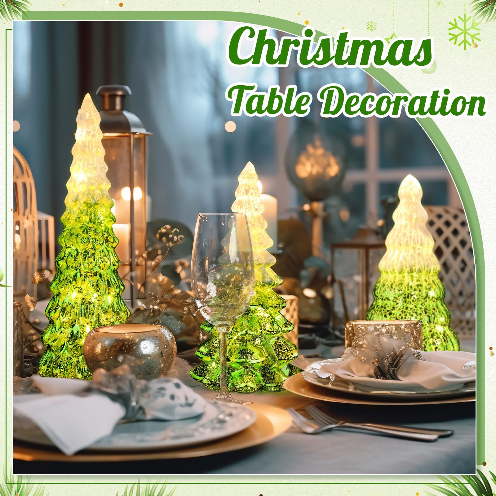 Funnymoom Confezione da 3 decorazioni per alberi di Natale in vetro sfumate illuminate con neve e glitter, regalo per casa, soggiorno, camino, tavolo, mantello, vacanze (verde)