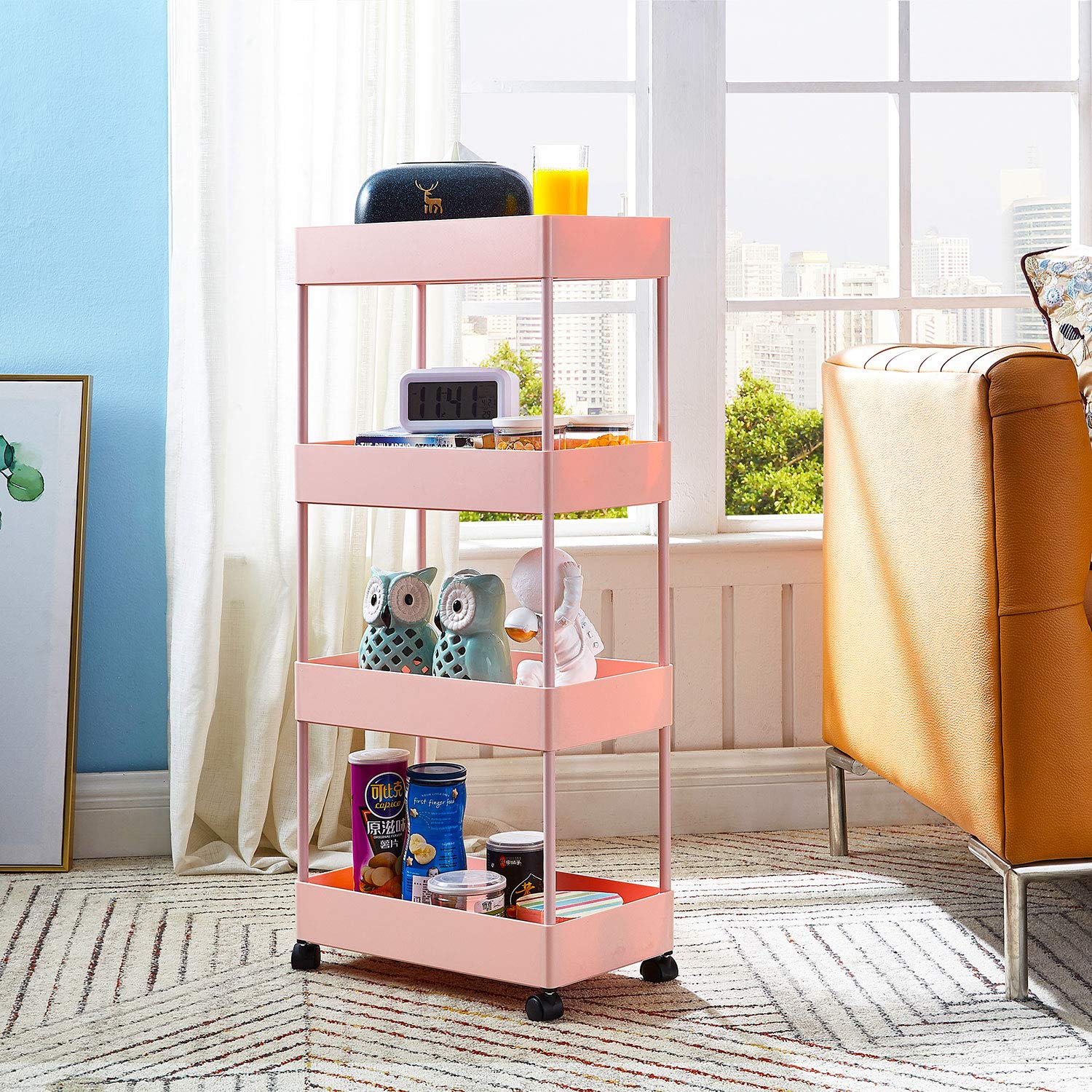 4 Tier Utility Rolling Cart Pink Storage Cart with Wheels Slim