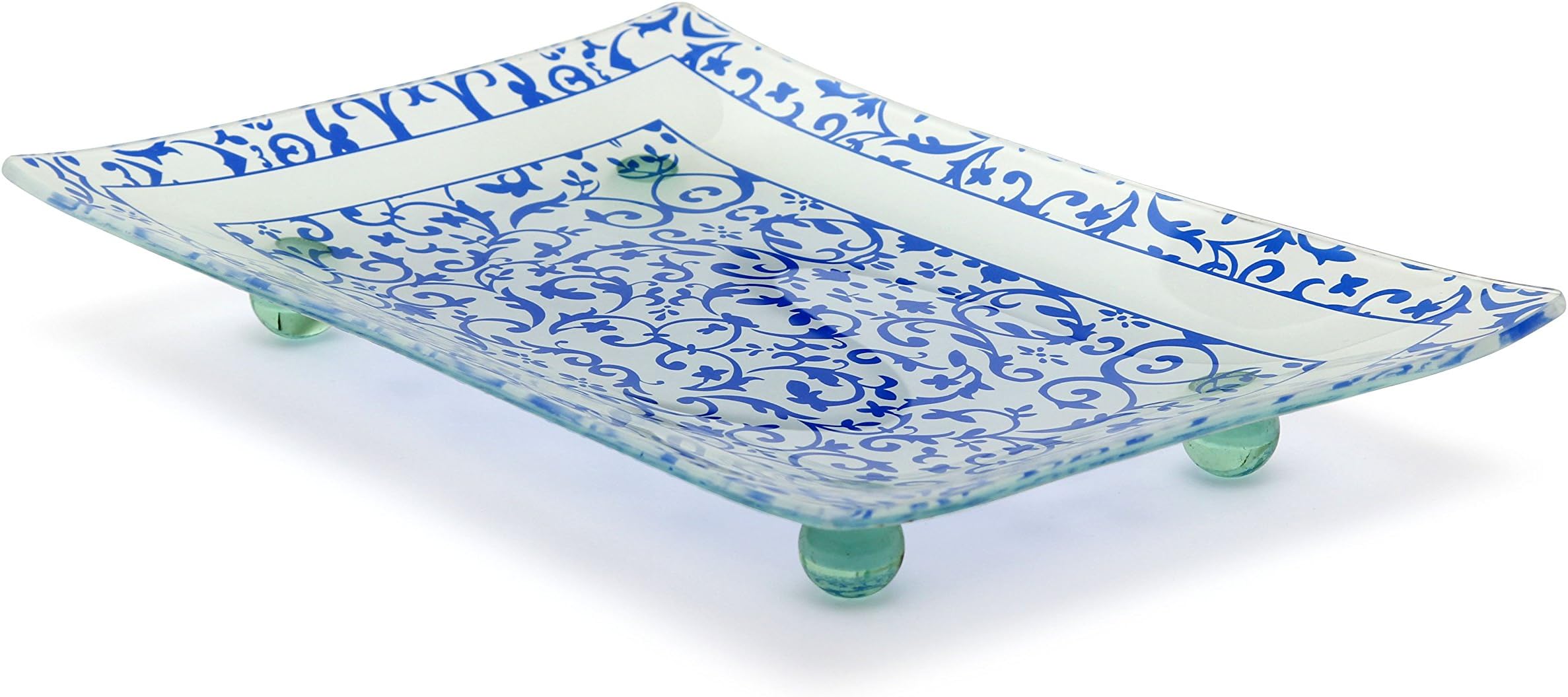 Florentine Designed Tempered Glass Rectangular Serving Tray on Glass Ball Legs Unbreakable – Chip Resistant – Oven Proof – Microwave Safe Decorative Platter (Blue)