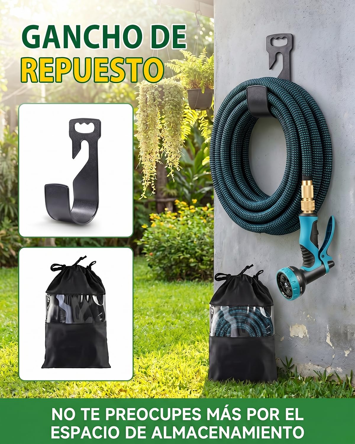 Manguera de Jardín Extensible 45m Fácil de Usar, No se Enreda, Antifugas, Pistola de Riego 10 Modos, Conectores de Latón