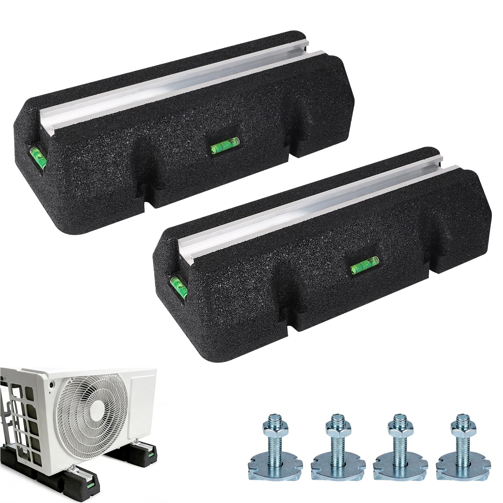EXLECO 2 Silent Blocs pour Antivibratoires Pompe à Chaleur 450mm avec Niveau à Bulle, Console de sol pour Climatiseur Exterieure, Support en Caoutchouc pour Résistants aux UV, Charge Max. 350KG