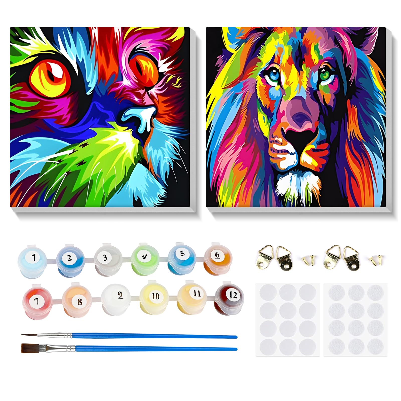 MOGTAA Framed Paint by Number for Kids Adults, 2 Pack Cat and Lion Paint by Numbers for Beginners, Acrylic Paint by Number Kits On Canvas, DIY Oil Painting Kits for Home Art Decor (8x8inch)