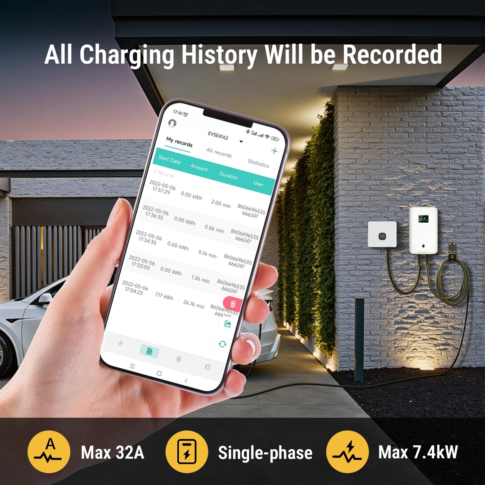 Morec ev Cargador Tipo 2 32A 7 kW con aplicación Compatible con Bluetooth y conexión WiFi ev estación de Carga IEC 62196-2 Enchufe estándar y con Cable de alimentación a la Caja de distribución ...