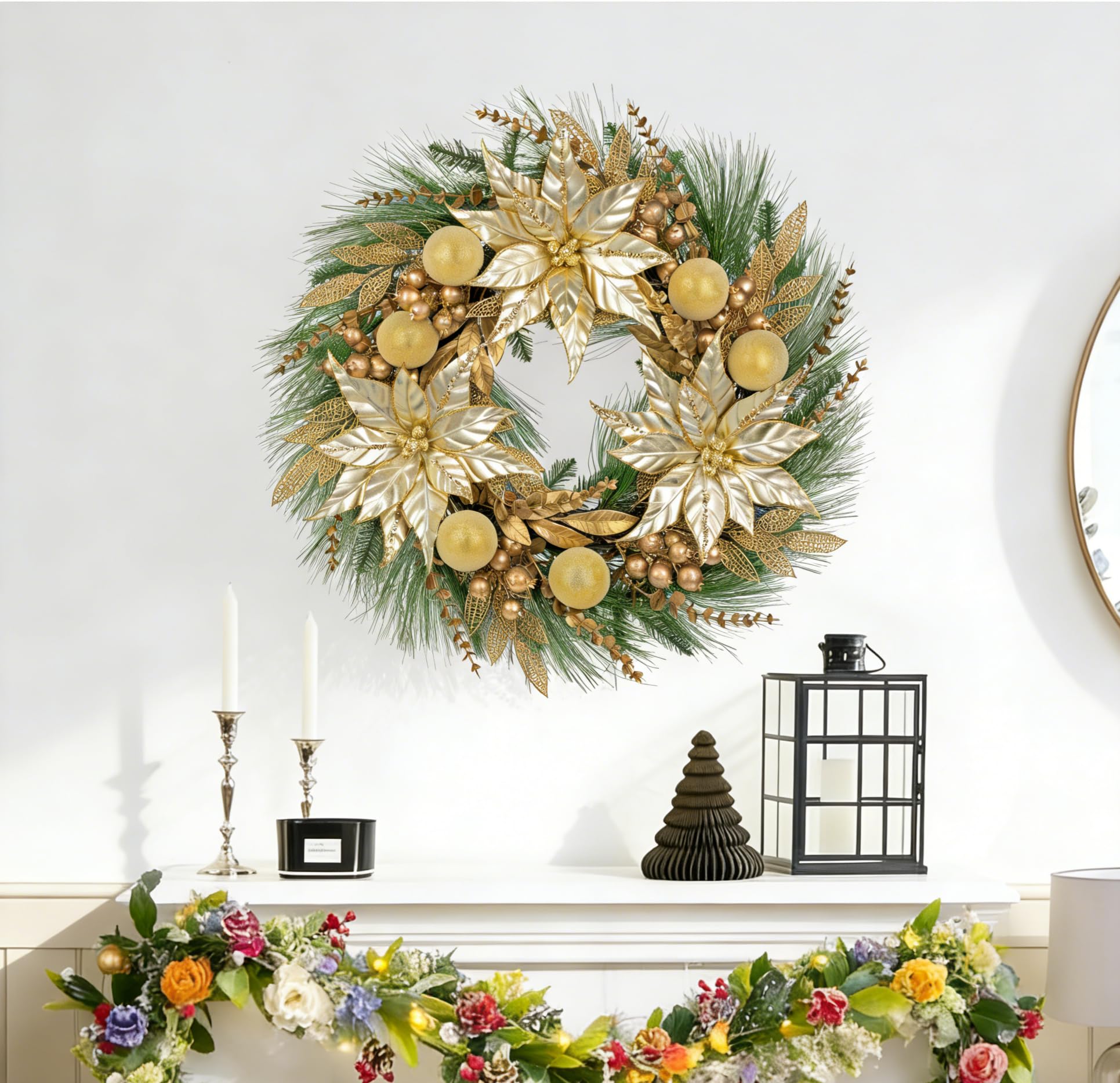 Décoration de Noël Couronne de l'Avent 60 cm Couronne de Noël Dorée Couronne Artificielle Couronne Murale Couronne de Table Noël Décoration de Noël Porte d'Entrée Table Mur Salon Chambre