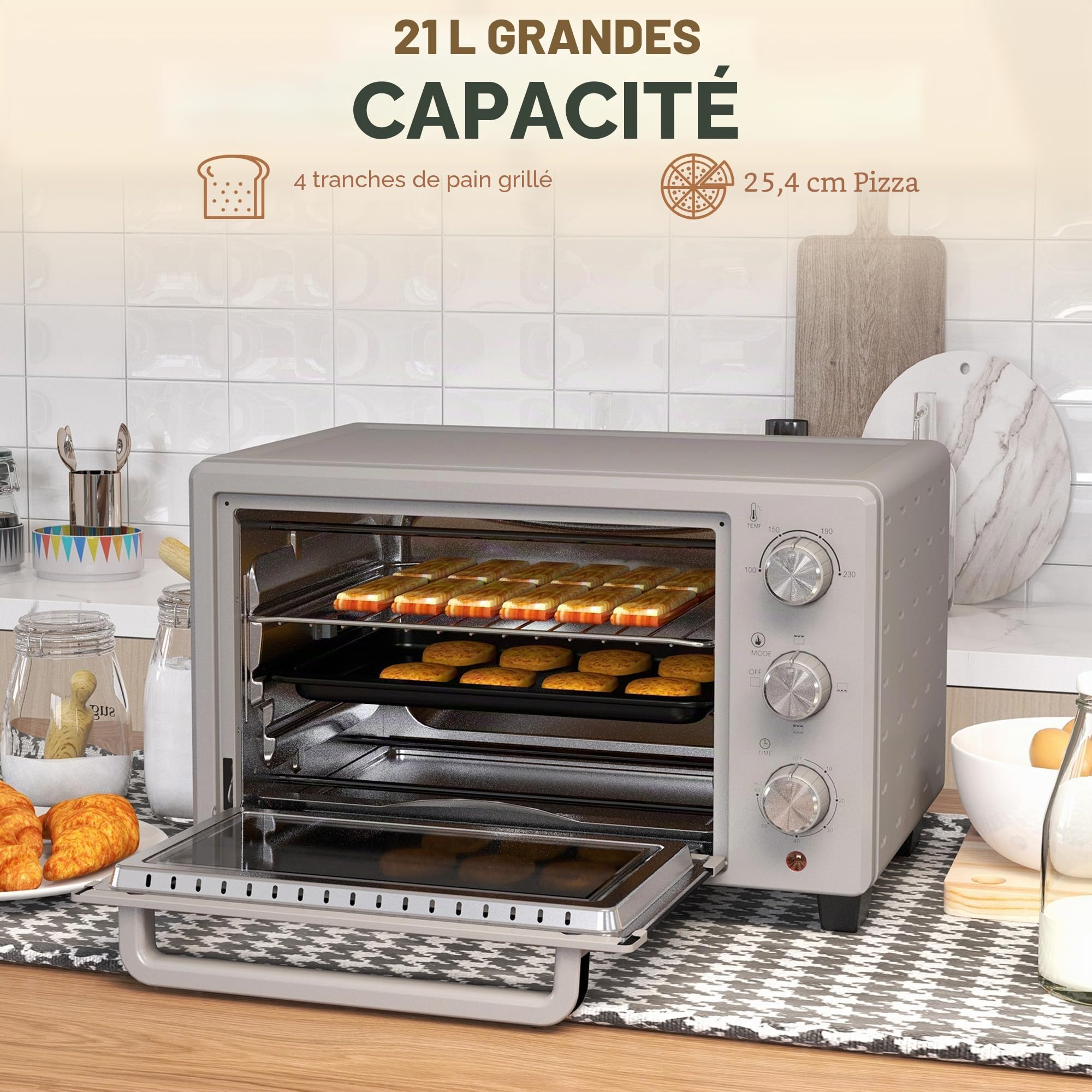HOMCOM Mini four à pizza de 21 l, miniofen inkl. Backblech, Grillrost und Krümmelblech, 1400W Tischbackofen mit 1h Timer, Ofenrost, 100-230℃, Metall, Silber
