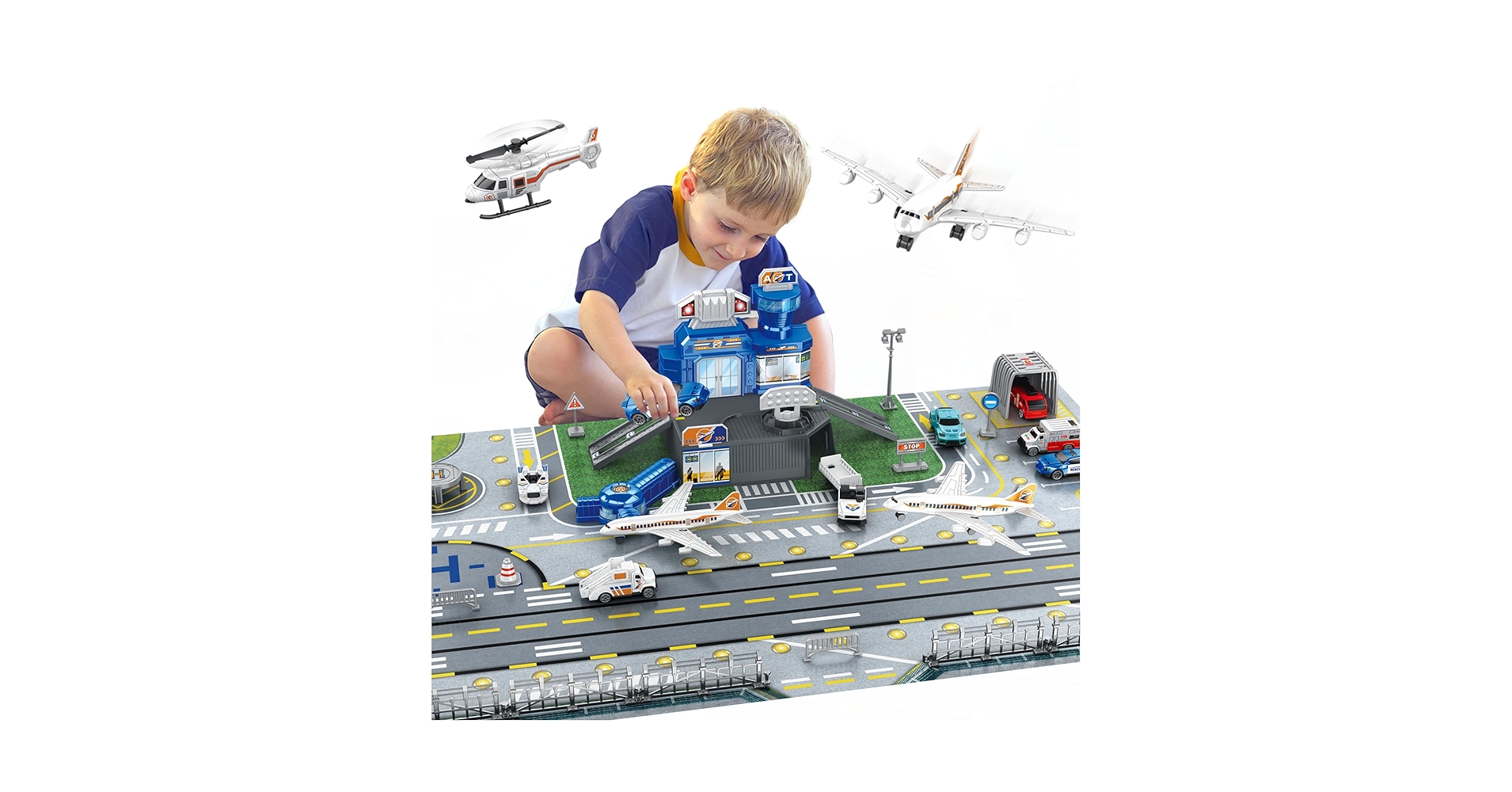 PowerTRC Airport Play Set Airports Toy With Airplanes, Vehicles, Figures & Accessories, Play Mat Interactive Learning Toys For Toddlers