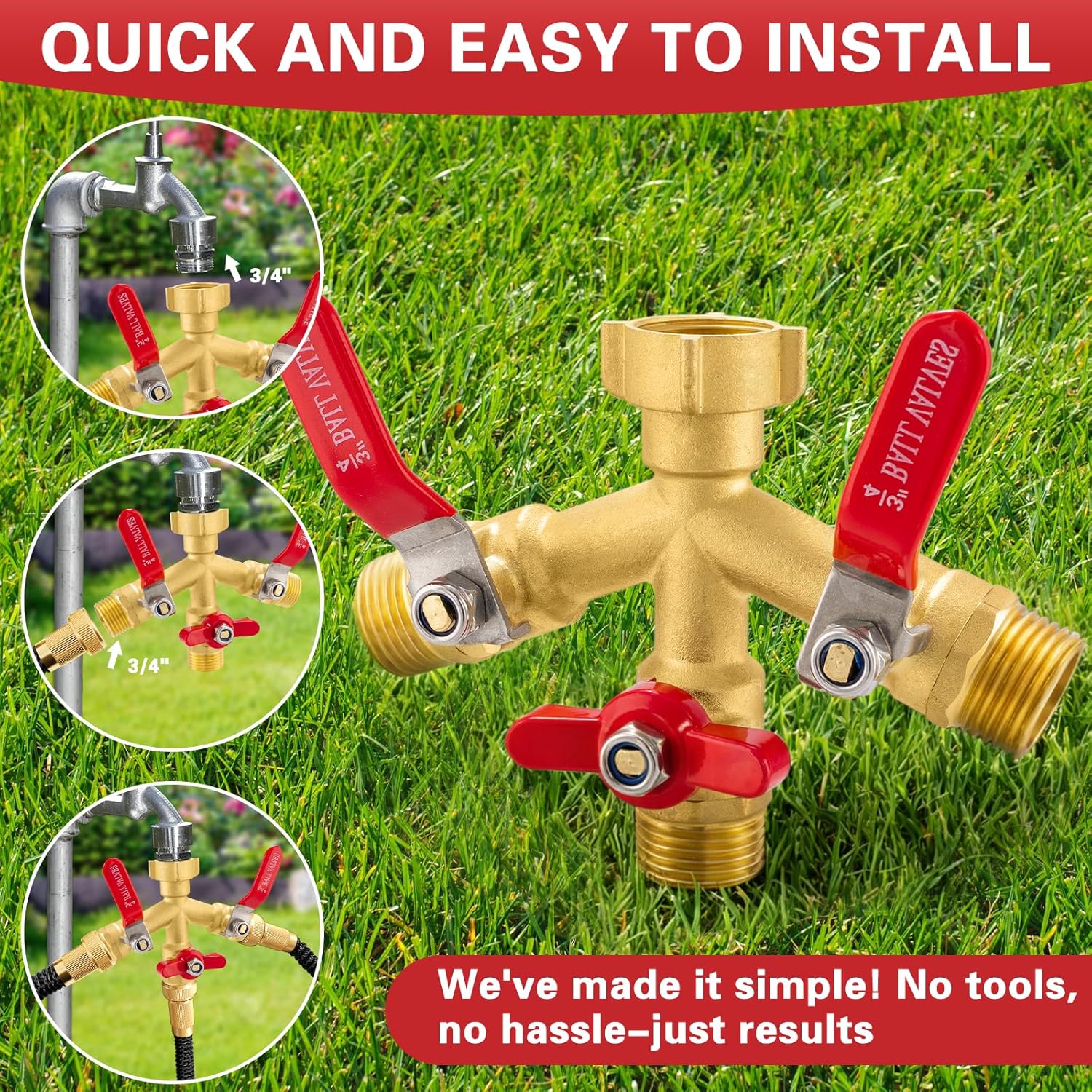 High Flow 3 Way Hose Splitter, Heavy Duty Brass Garden Hose Splitter,Water Hose Spigot Splitter with Easy-Grip Metal Handles, 3/4" GHT Thread Garden Hose Bib Splitter