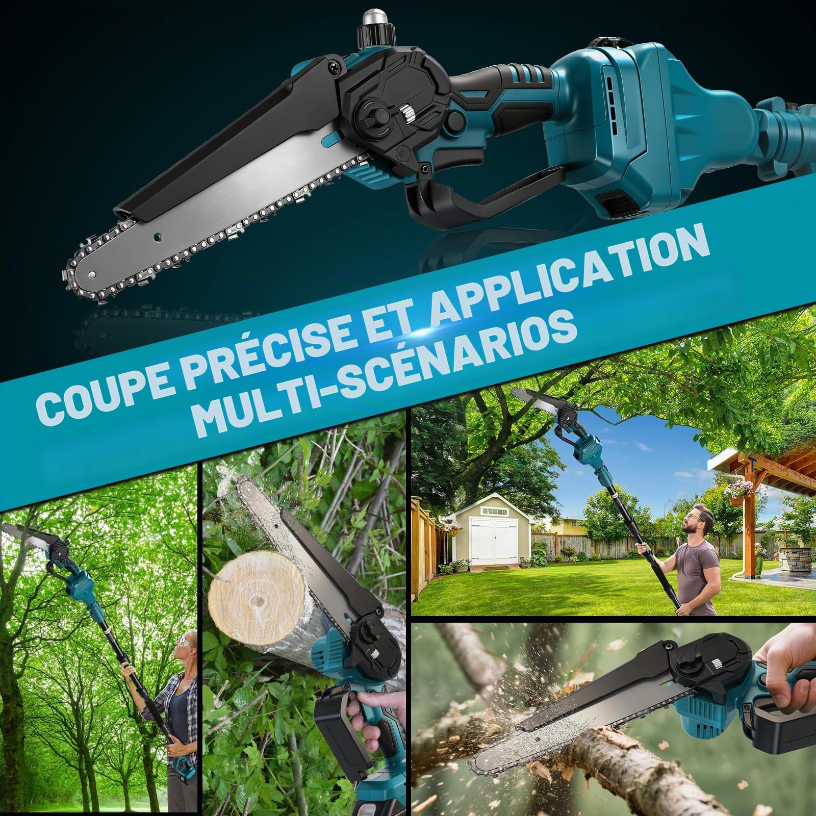 Mini Tronconneuse avec Perche 6 Pouces & Secateur Electrique Telescopique 30 mm, 4 en 1 Élagueuse sur Perche avec 4000 mAh Batteries, Portée Maximale 4,5 m
