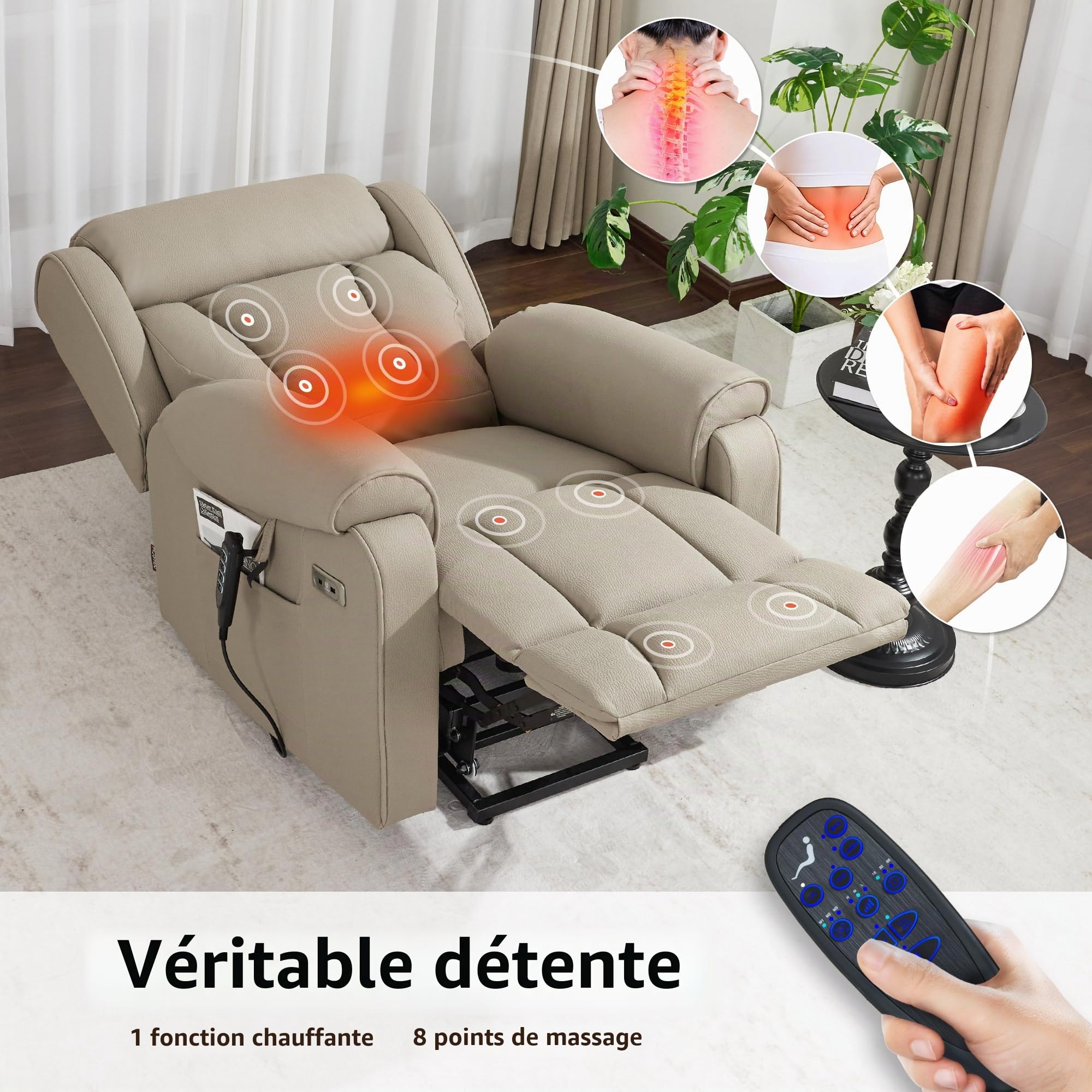 M MCombo Fauteuil TV 4 Moteurs avec Aide à la montée, électrique, Lombaire et Appui-tête réglables, zéro gravité 165°, Massage et Chauffage 7558 (Microfibre, Beige-Brun)