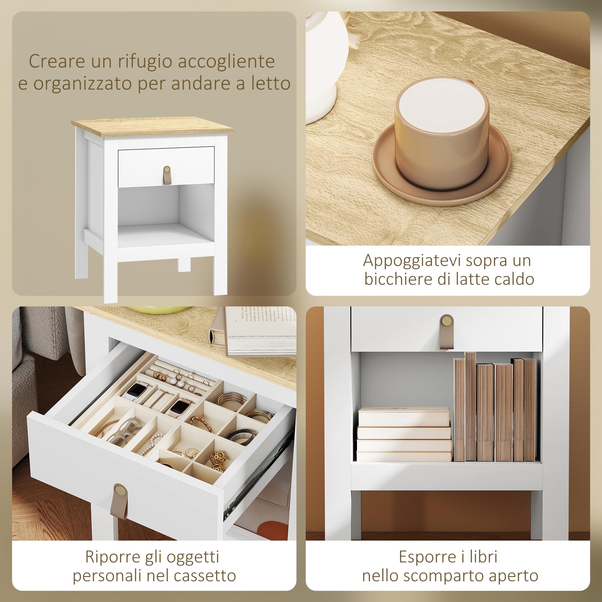 Set Di 2 Comodini Di Legno Con 2 Livelli Cassetto Ripiano Maniglia Solide Gambe, Tavolini Da Divano Robusti
