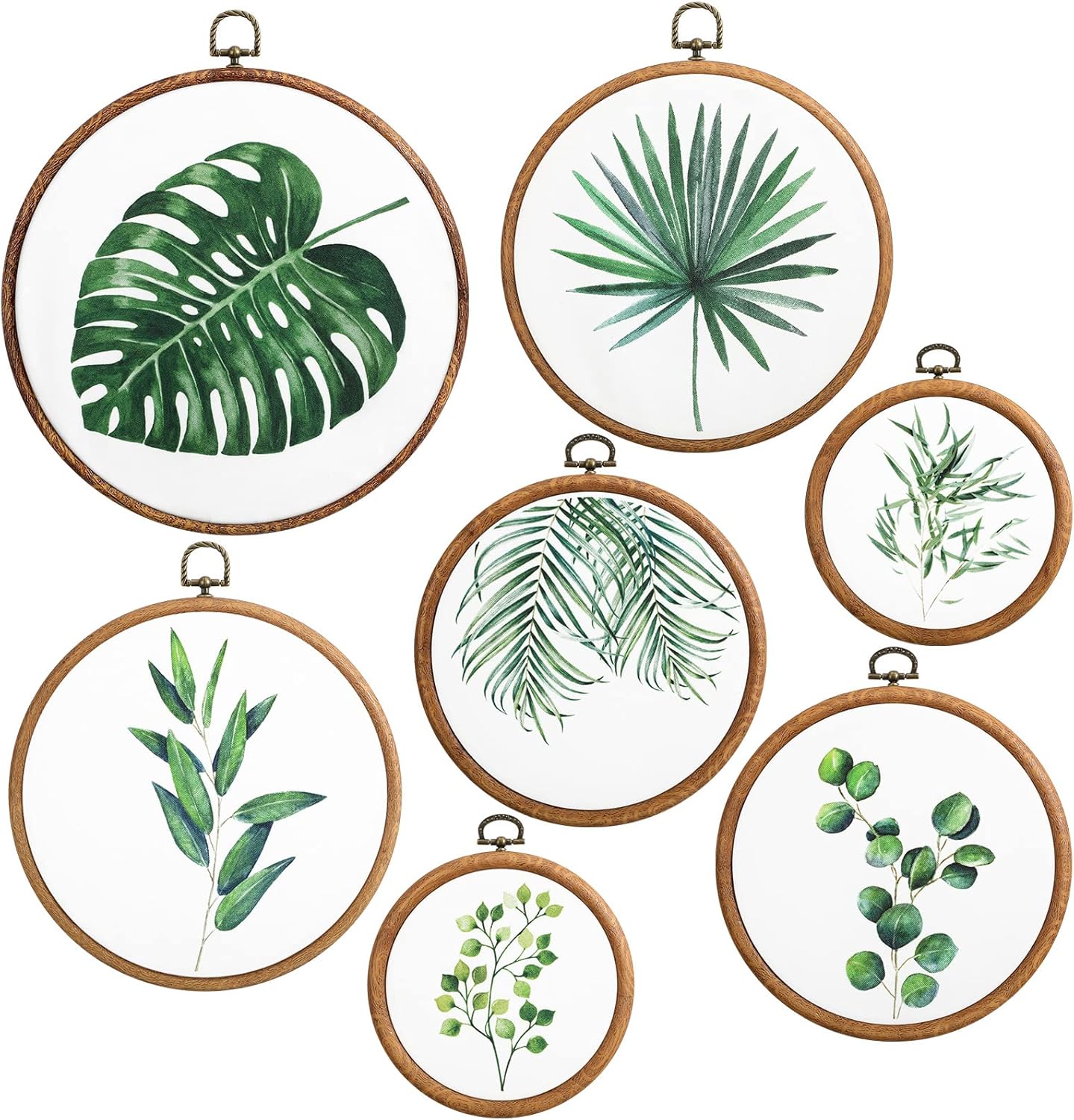 Ripeng 7 Pcs Framed Botanical Wall Art Decor Wooden Green Tropical Palm Leaves Wall Hanging Decor with with Sage Green Plant Print for Bedroom Living Room Plant Neutral Decoration