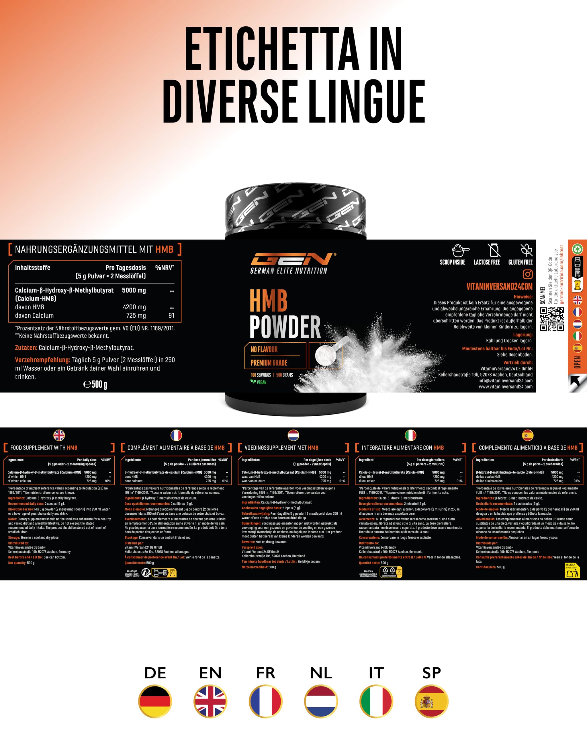 HMB in Polvere 500 g - Calcio-HMB ad alta purezza - Beta-Idrossi-Beta-Metilbutirrato - 100 Porzioni - Senza additivi, Vegano