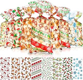 Blulu Christmas Cellophane Bags Snowflake Treat Favor Bags Xmas Santa Plastic Candy Goodie Bags with Gold and Silver Twist Ties for Winter Holiday Party Decorations, 8 Assorted Styles (240 Pieces)