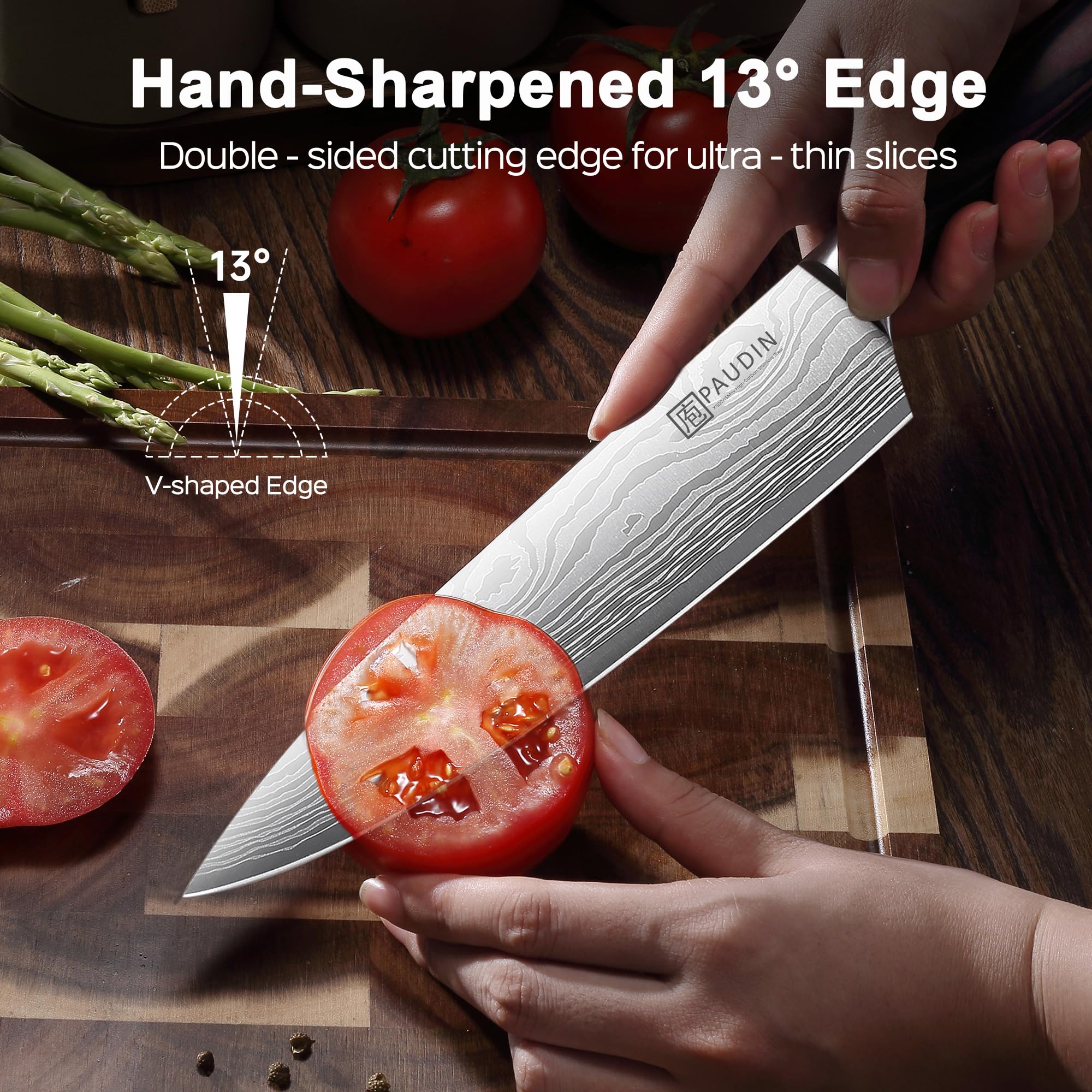 PAUDIN Kitchen Knife Set, 3 Piece High Carbon Stainless Steel Professional Chef Knife Set with Ultra Sharp Blade & Wooden Handle (Kitchen Knife Set 3 Pcs) — Amazon image 2