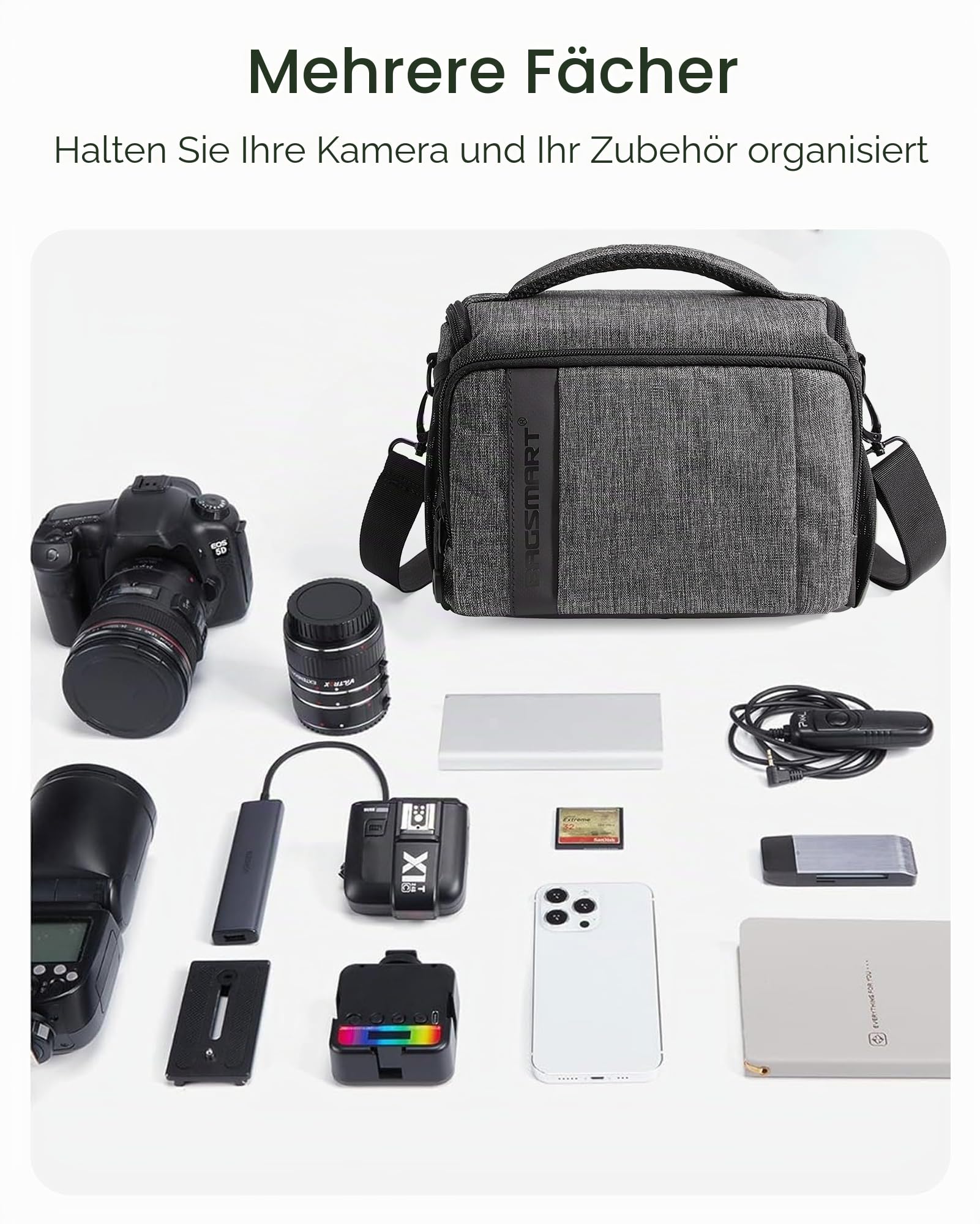 bagsmart Kameratasche Spiegelreflex DSLR SLR Fototasche Spiegelreflexkamera Systemkamera Objektive Zubehör mit Regenschutzhülle Schultertasche Grau