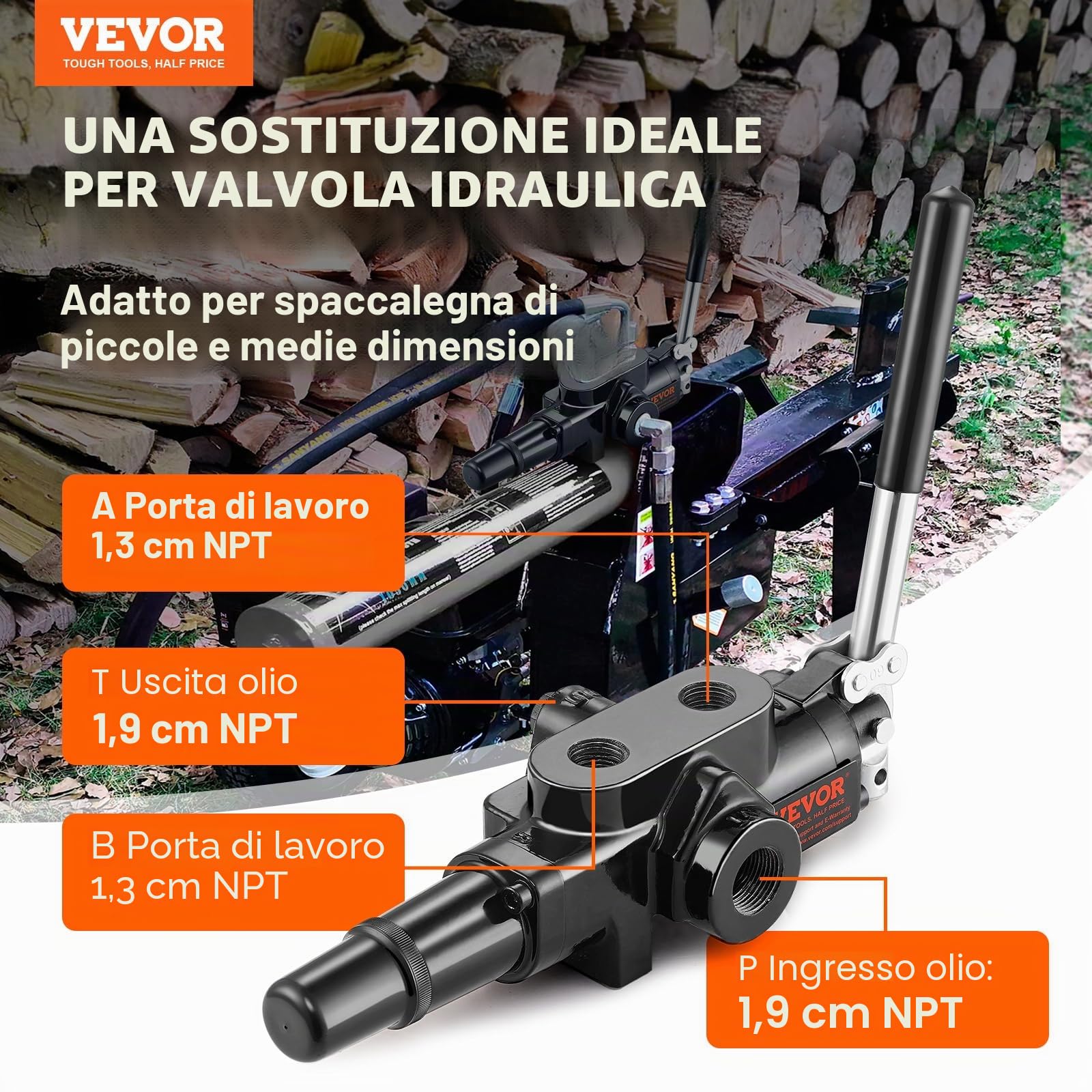 VEVOR Valvola spaccalegna idraulica 1 bobina, valvola di controllo direzionale idraulica da 25 GPM, valvola di caricamento idraulica 3626PSI, valvola di controllo joystick idraulico per piccoli
