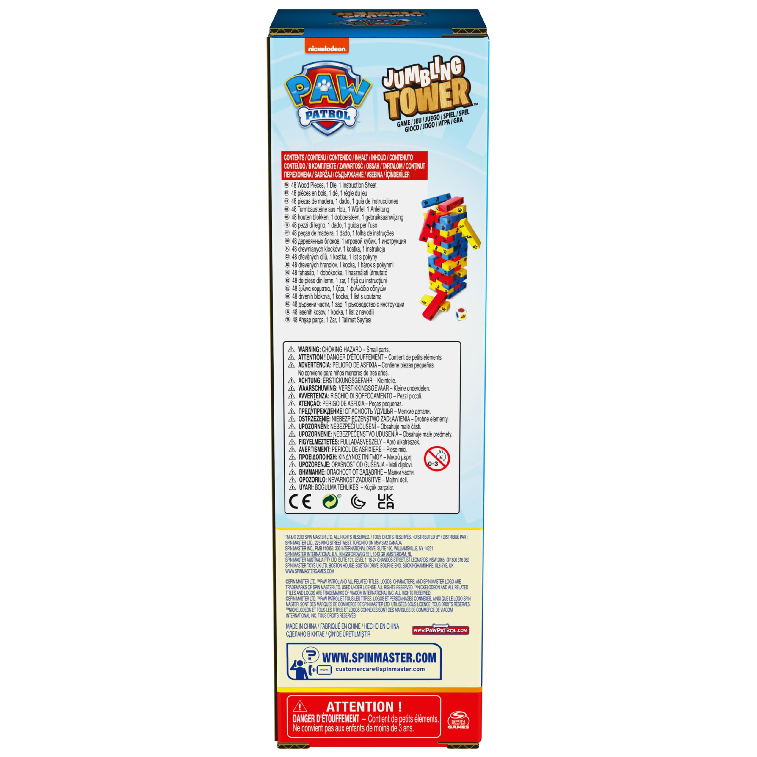 PAW Patrol Jumbling Tower by Spin Master Games, kolorowa gra drewniana Stacking Building Toppling dla dzieci PAW Patrol Toys, dla przedszkolaków w wieku 4 lat i starszych | Wieża budowlana - 48 elementów z drewna i kości - zestaw do budowania - dla 2 grac